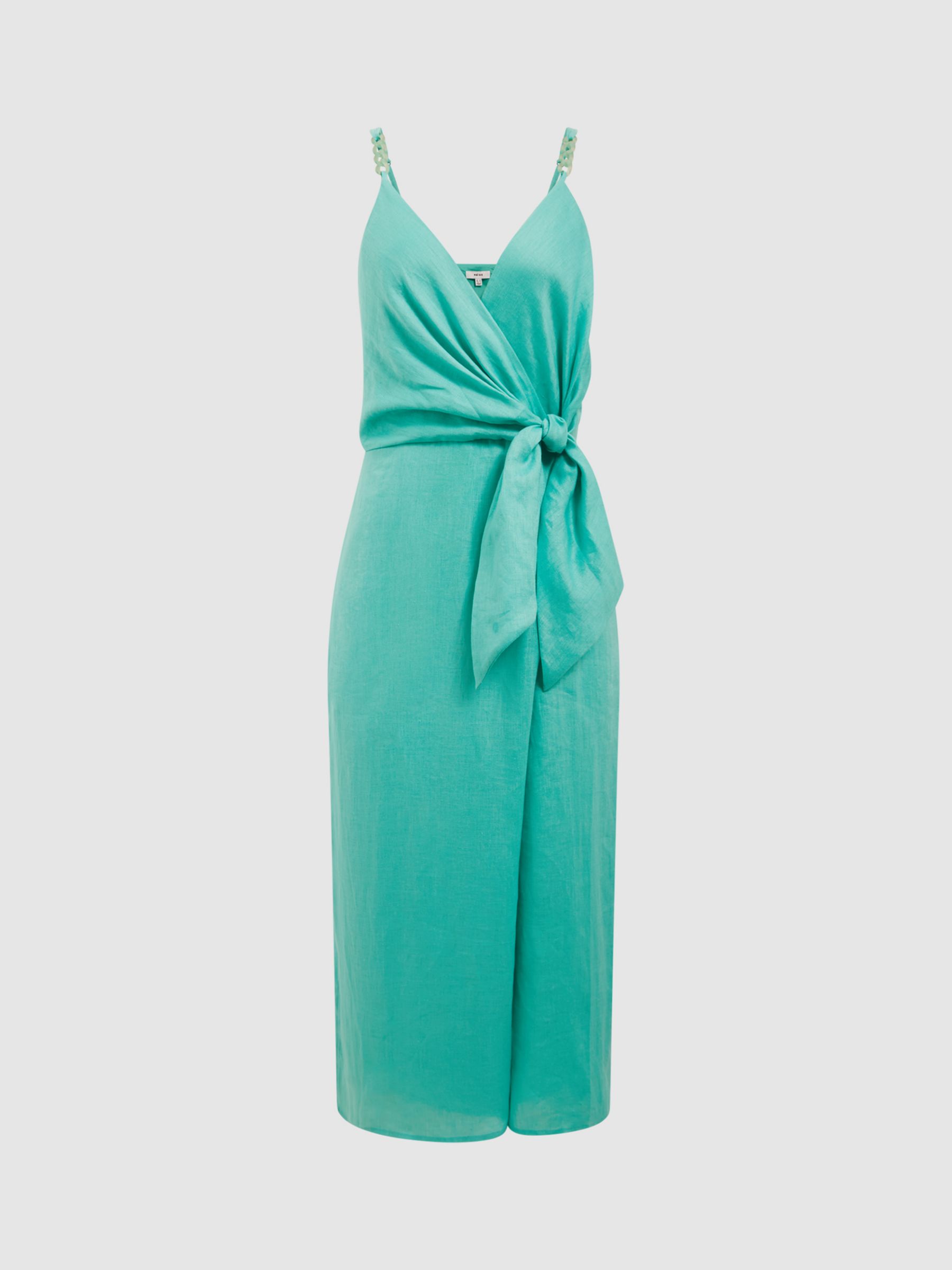 Reiss Esme Linen Tie Side Midi Dress, Aqua, 6