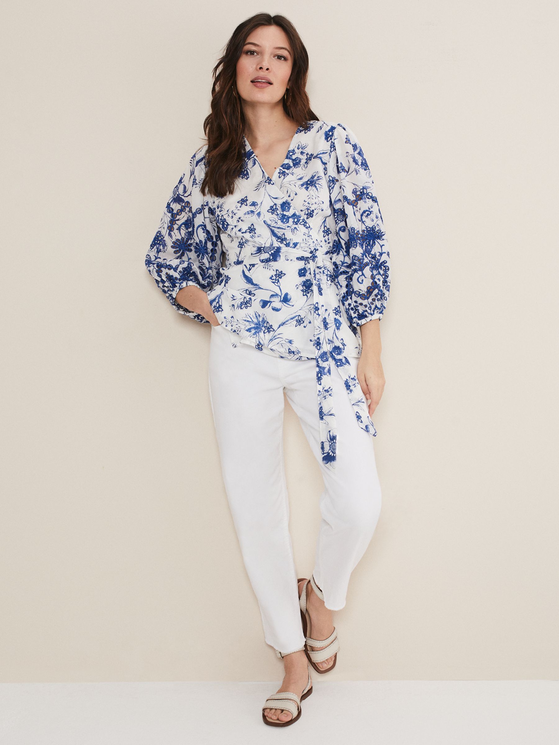 Phase Eight Alice Embroidered Blouse, Blue/White at John Lewis & Partners
