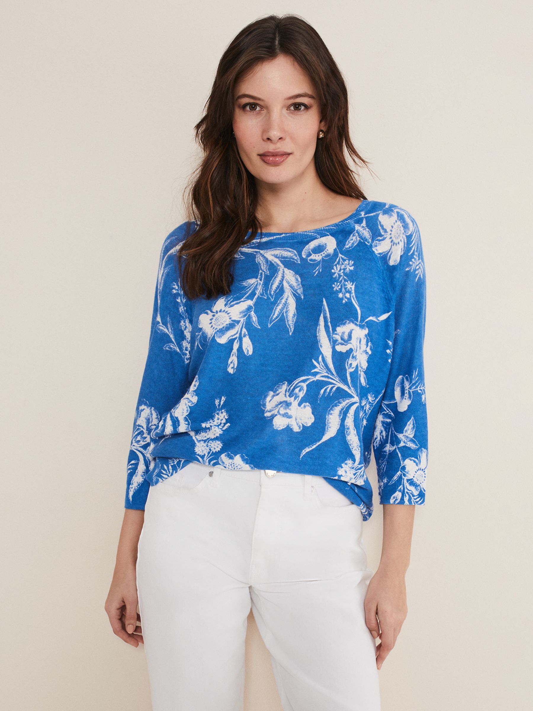 Phase Eight Celia Floral Print Linen Blend Knit Top, Blue/White, XS