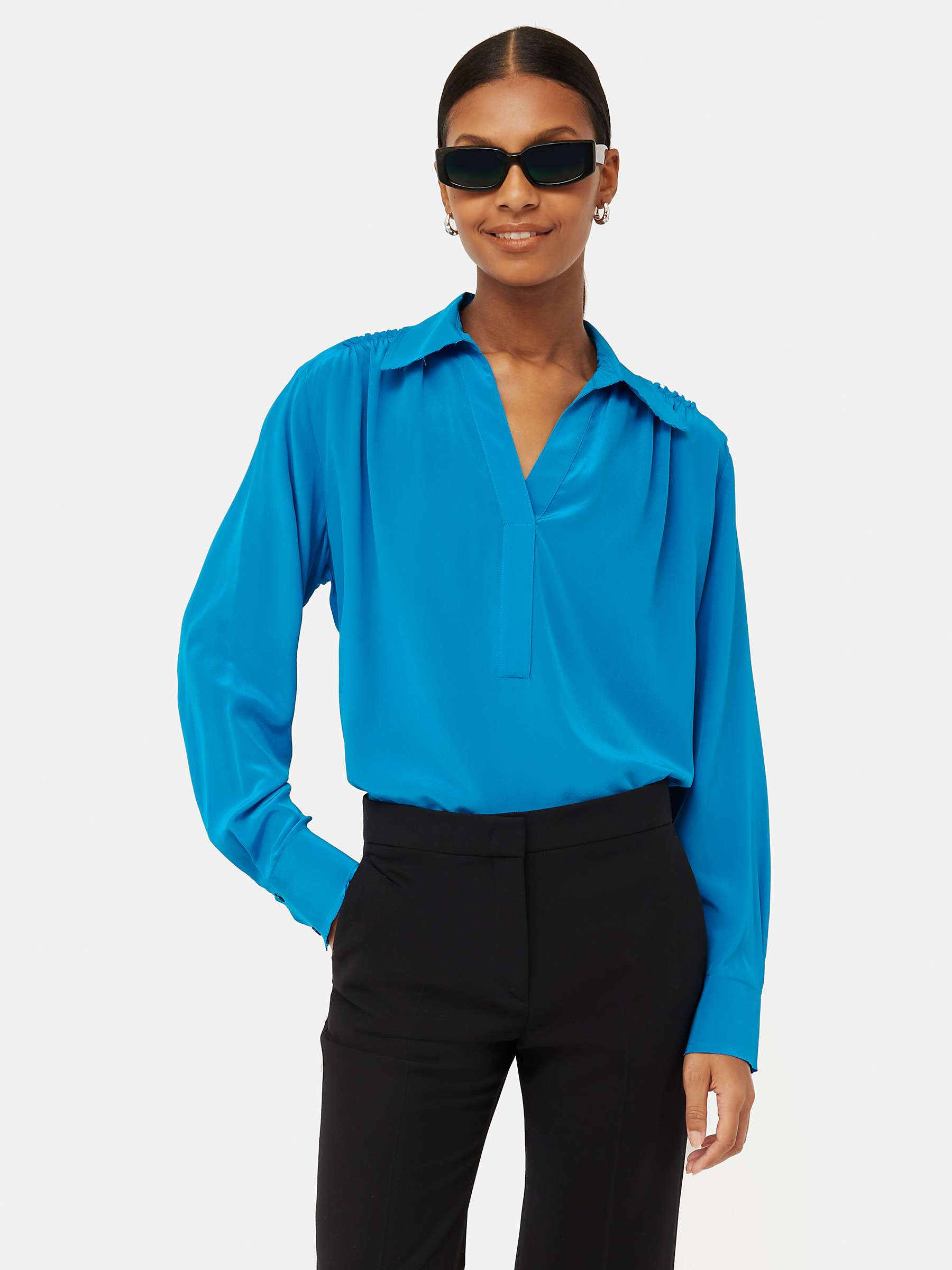 Jigsaw Silk Long Sleeve Blouse, Blue at John Lewis & Partners
