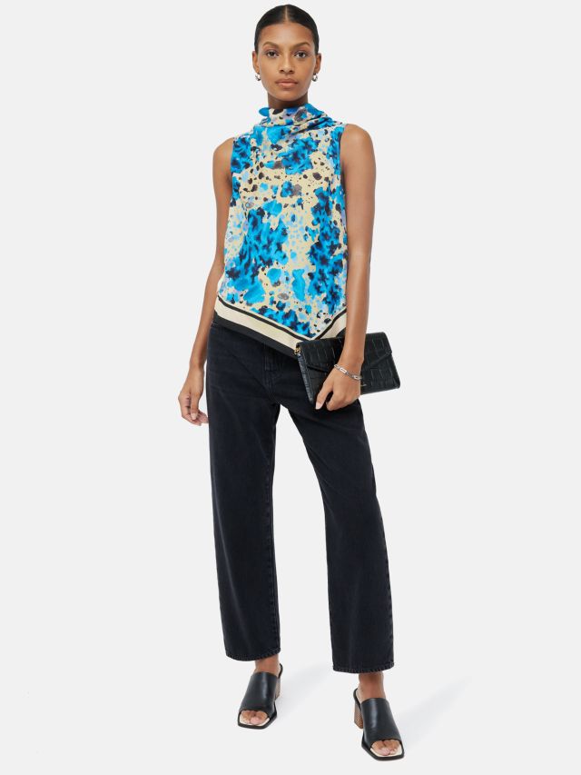 Jigsaw Clouded Leopard Silk Front Top, Blue, XS