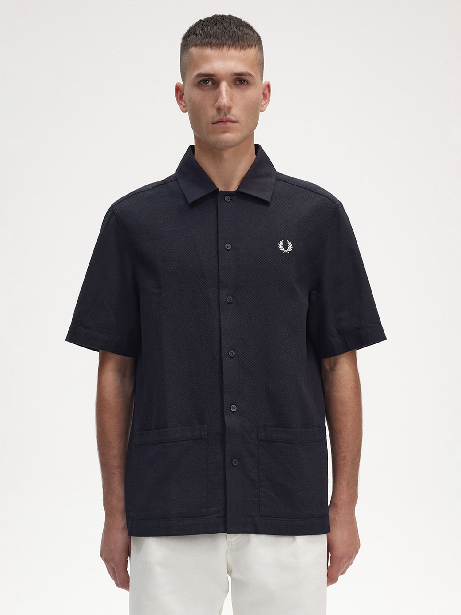Fred Perry Linen Pique Panel Shirt, Black at John Lewis & Partners