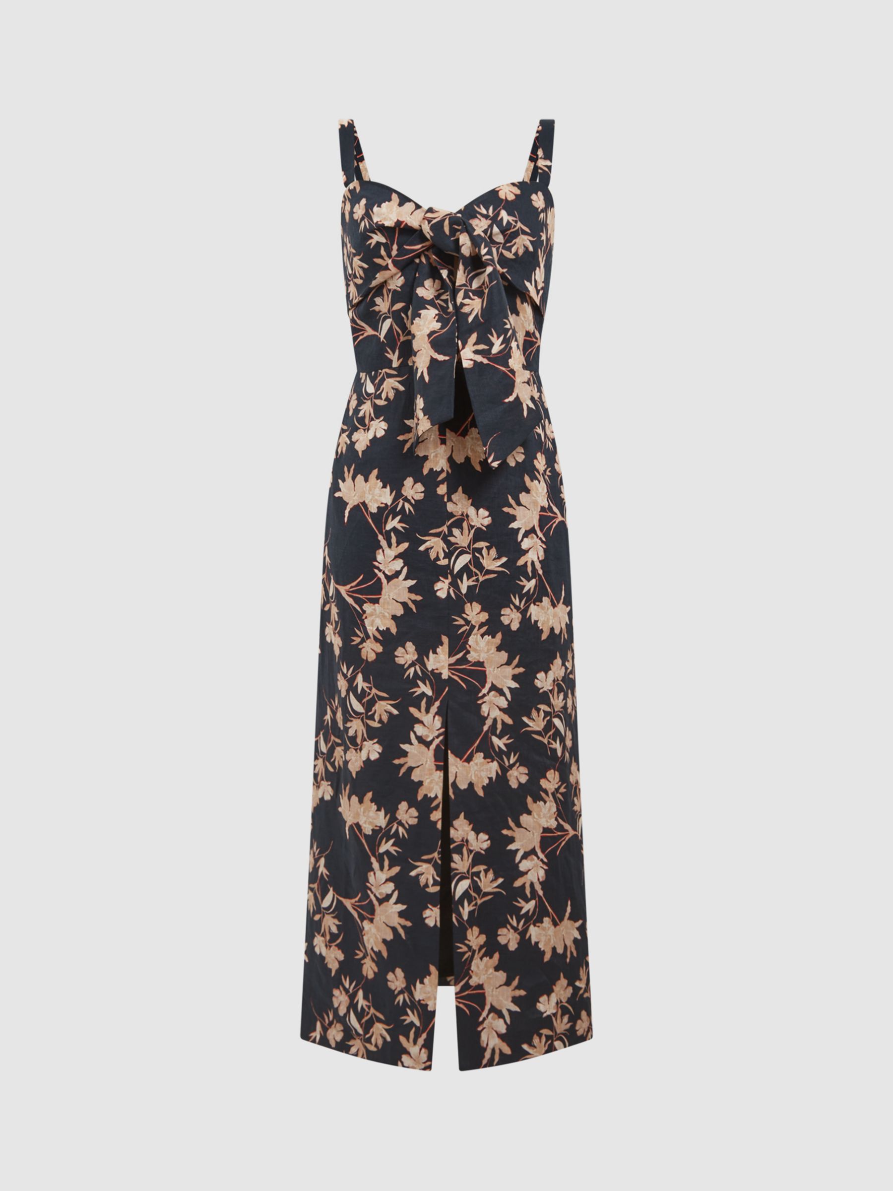 Reiss Aleen Floral Print Linen Midi Dress, Black/Blush at John Lewis ...