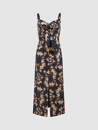 Reiss Aleen Floral Print Linen Midi Dress, Black/Blush