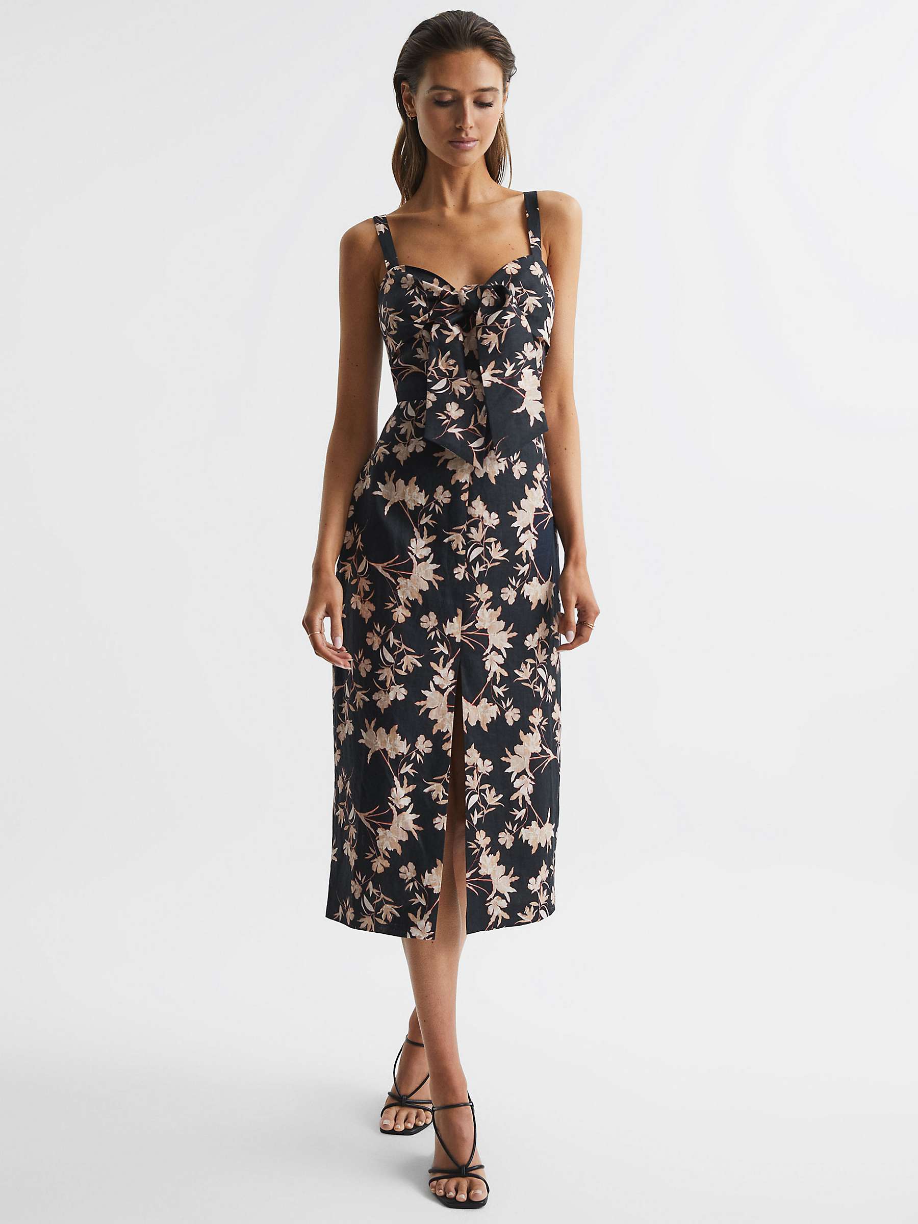 Buy Reiss Aleen Floral Print Linen Midi Dress, Black/Blush Online at johnlewis.com