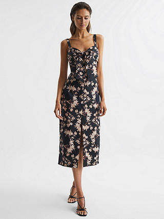 Reiss Aleen Floral Print Linen Midi Dress, Black/Blush