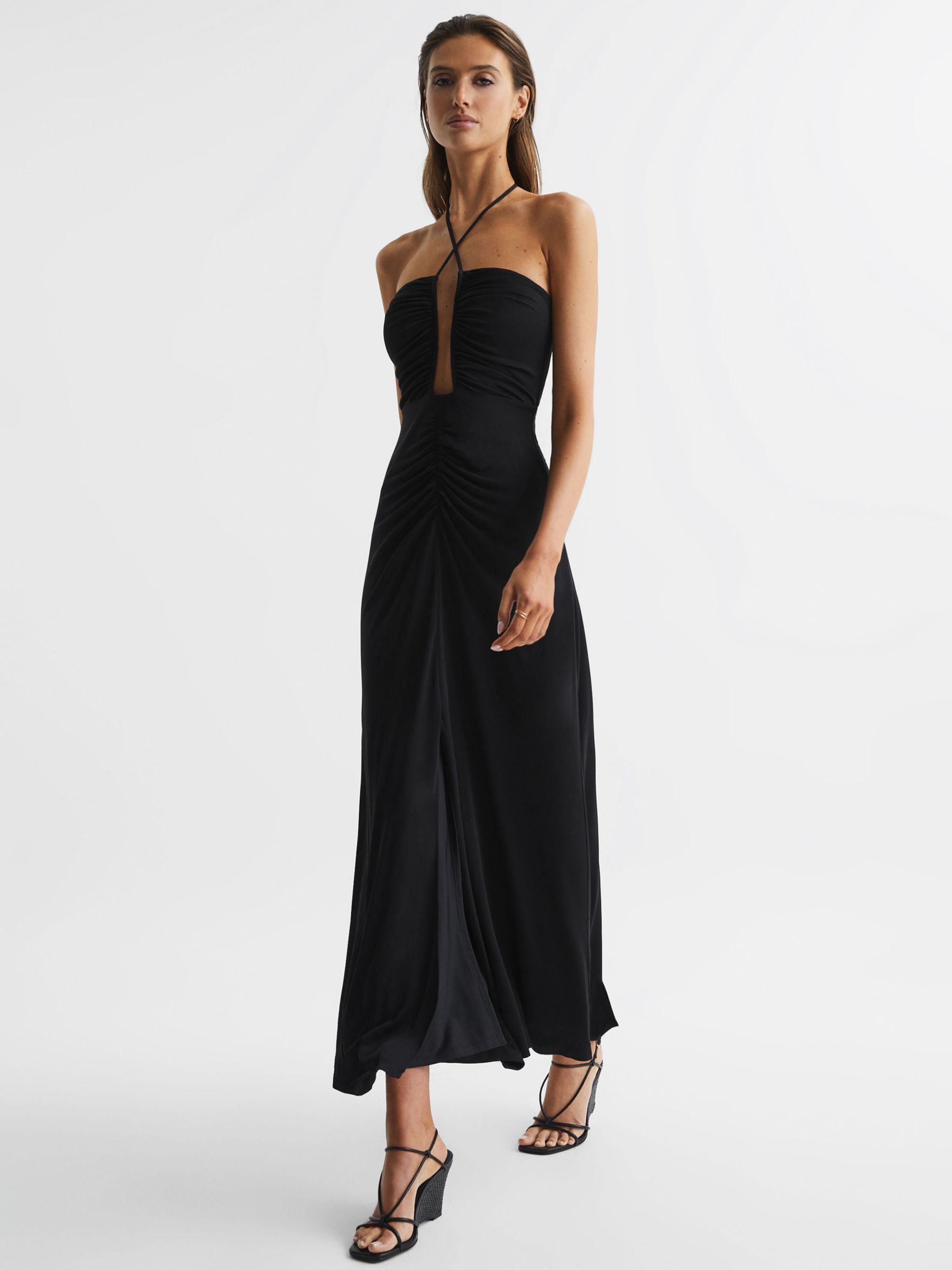 Reiss Lana Plunge Strappy Bodice Dress, Black at John Lewis & Partners