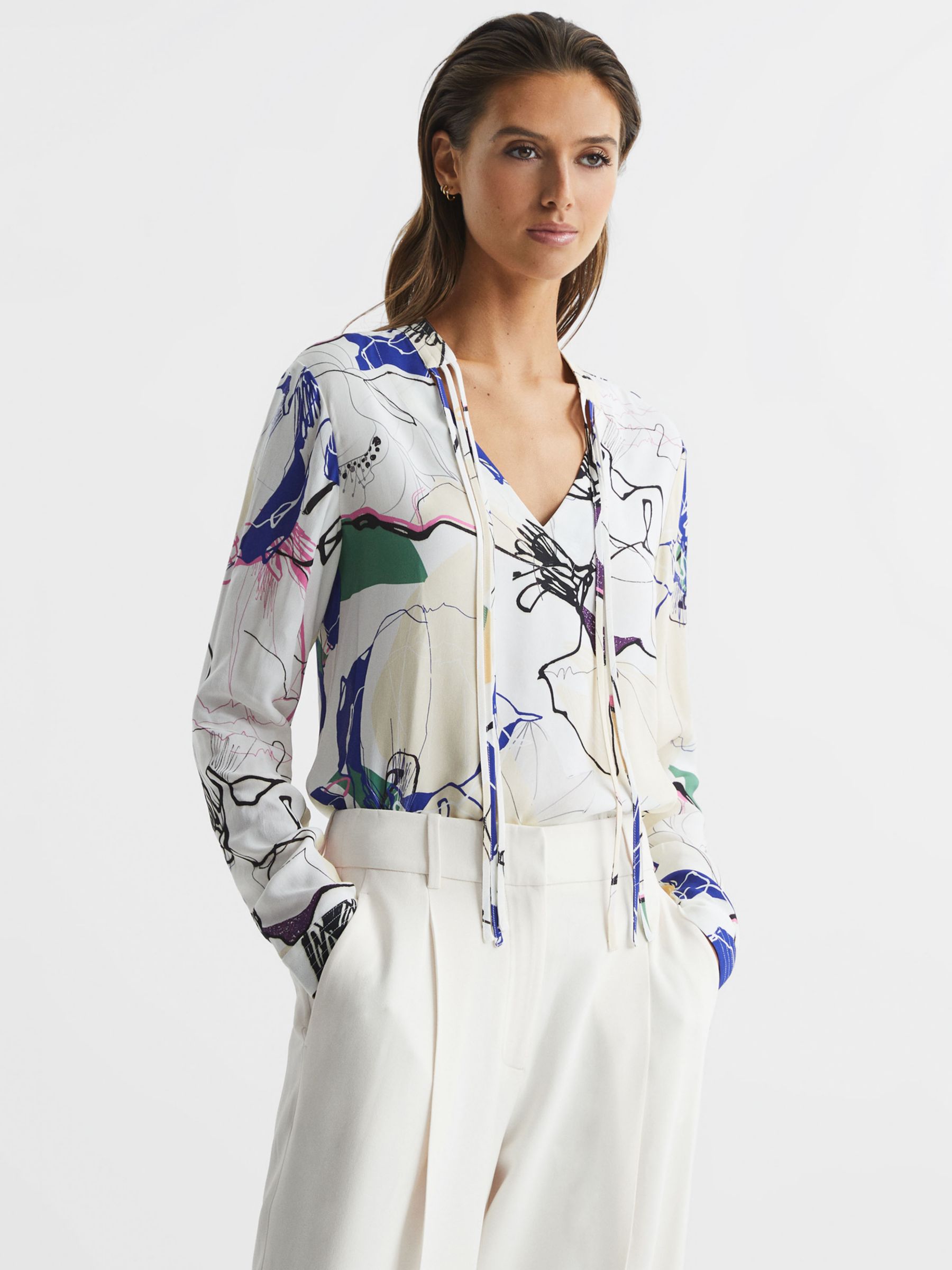 Reiss Mel Abstract Blouse, Ivory/Multi at John Lewis & Partners