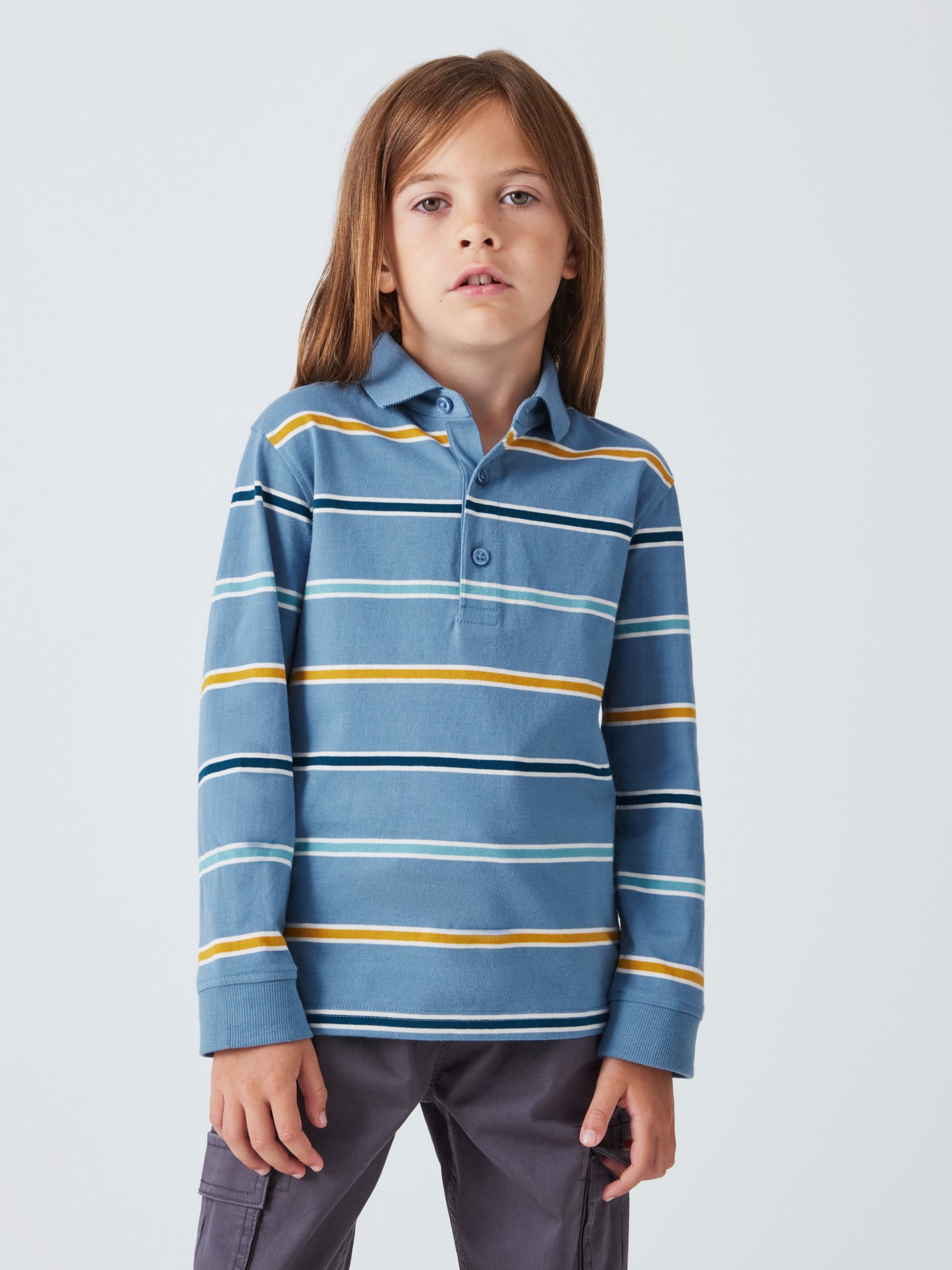 John Lewis Kids' Thin Stripe Polo Shirt, Blue at John Lewis & Partners