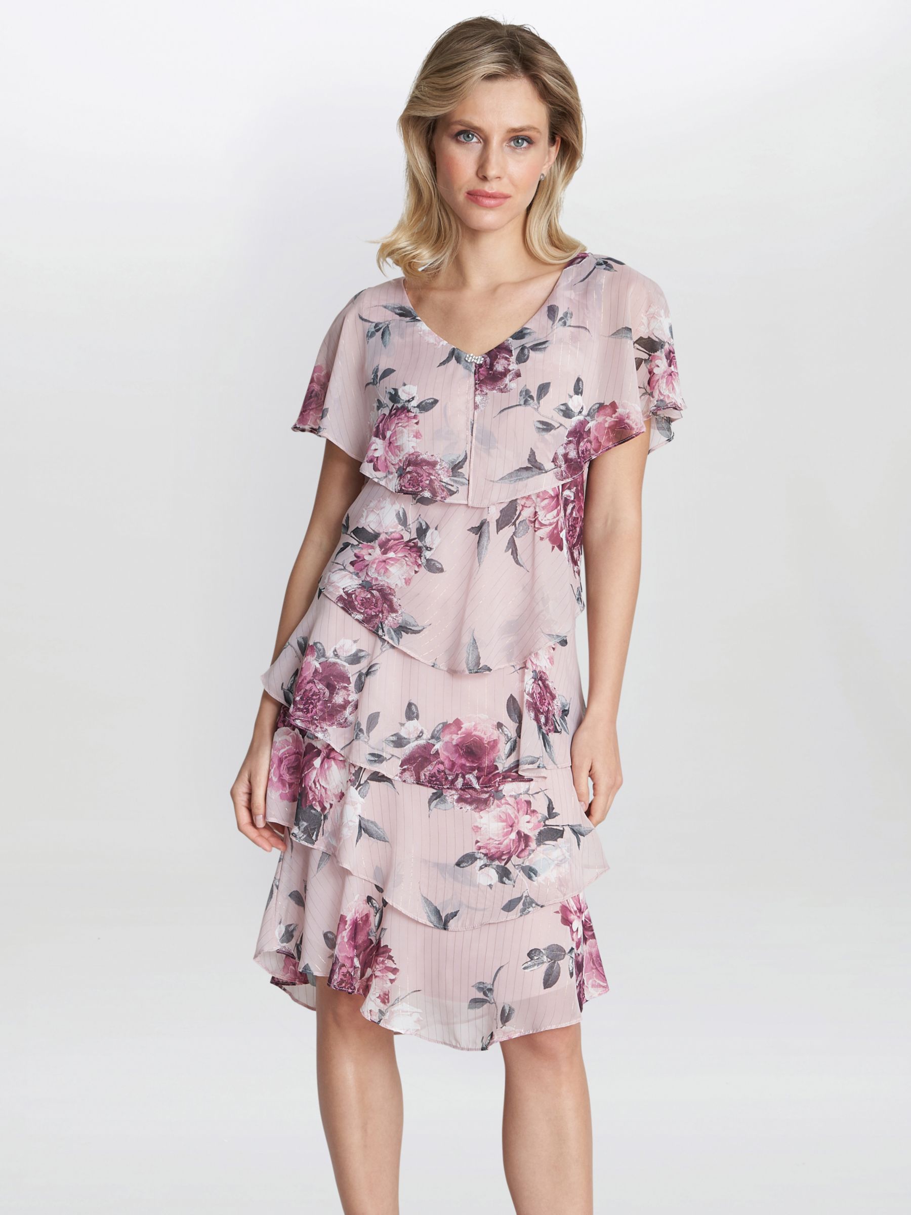 Gina Bacconi Ella Floral Print Tiered Dress, Blush at John Lewis & Partners