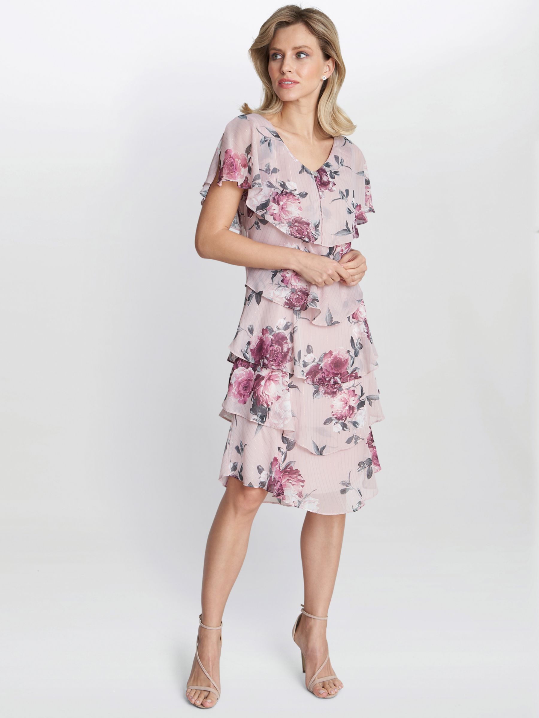 Gina Bacconi Ella Floral Print Tiered Dress, Blush at John Lewis & Partners