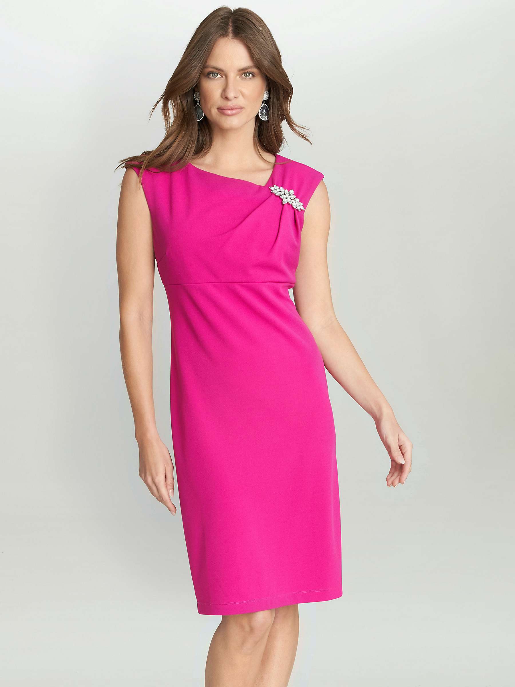 Buy Gina Bacconi Chaselynn Plain Diamante Brooch Shift Dress, Fuchsia Online at johnlewis.com