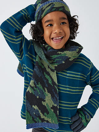 John Lewis Kids' Camo Print Hat, Scarf and Gloves Set, Green/Blue