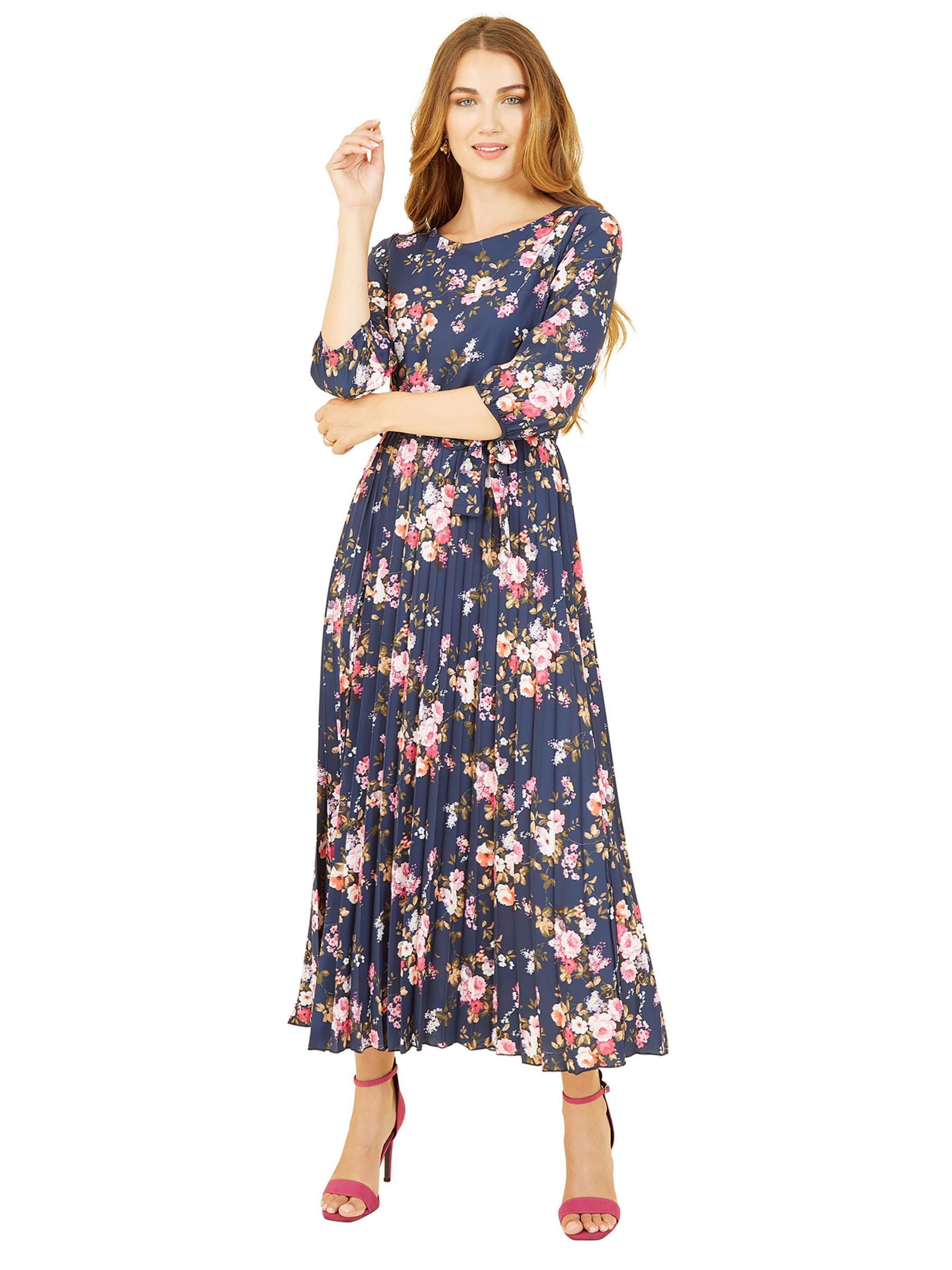 Yumi Floral Print Pleated Dress, Navy at John Lewis & Partners