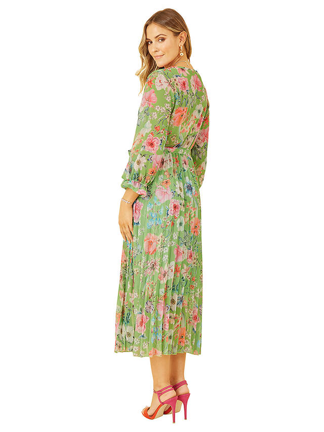 Yumi Floral Pleated Wrap Midi Dress, Green/Multi