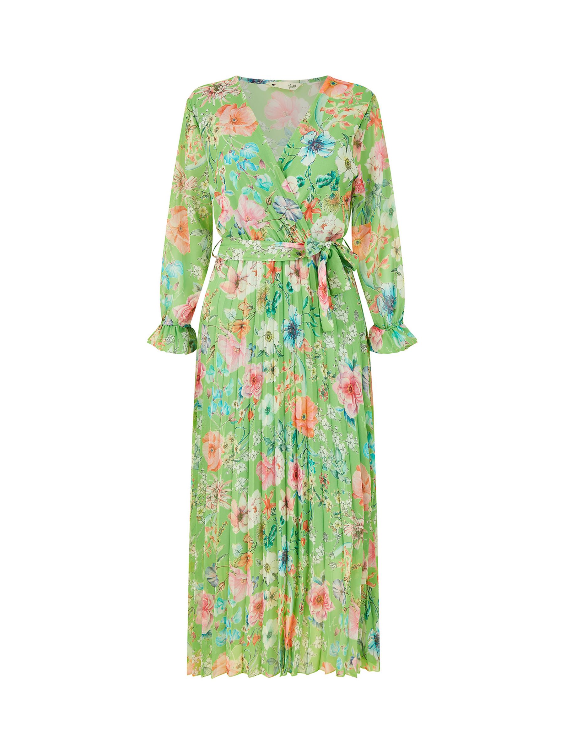 Yumi Floral Pleated Wrap Midi Dress, Green/Multi at John Lewis & Partners