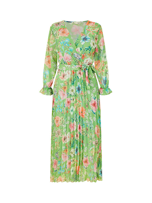 Yumi Floral Pleated Wrap Midi Dress, Green/Multi