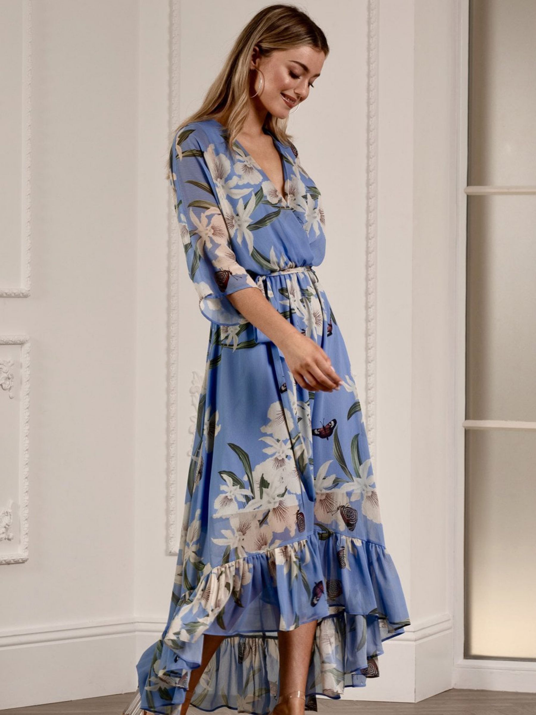 Urban Touch Floral Print Dipped Hem Midi Dress, Light Blue at John Lewis &  Partners