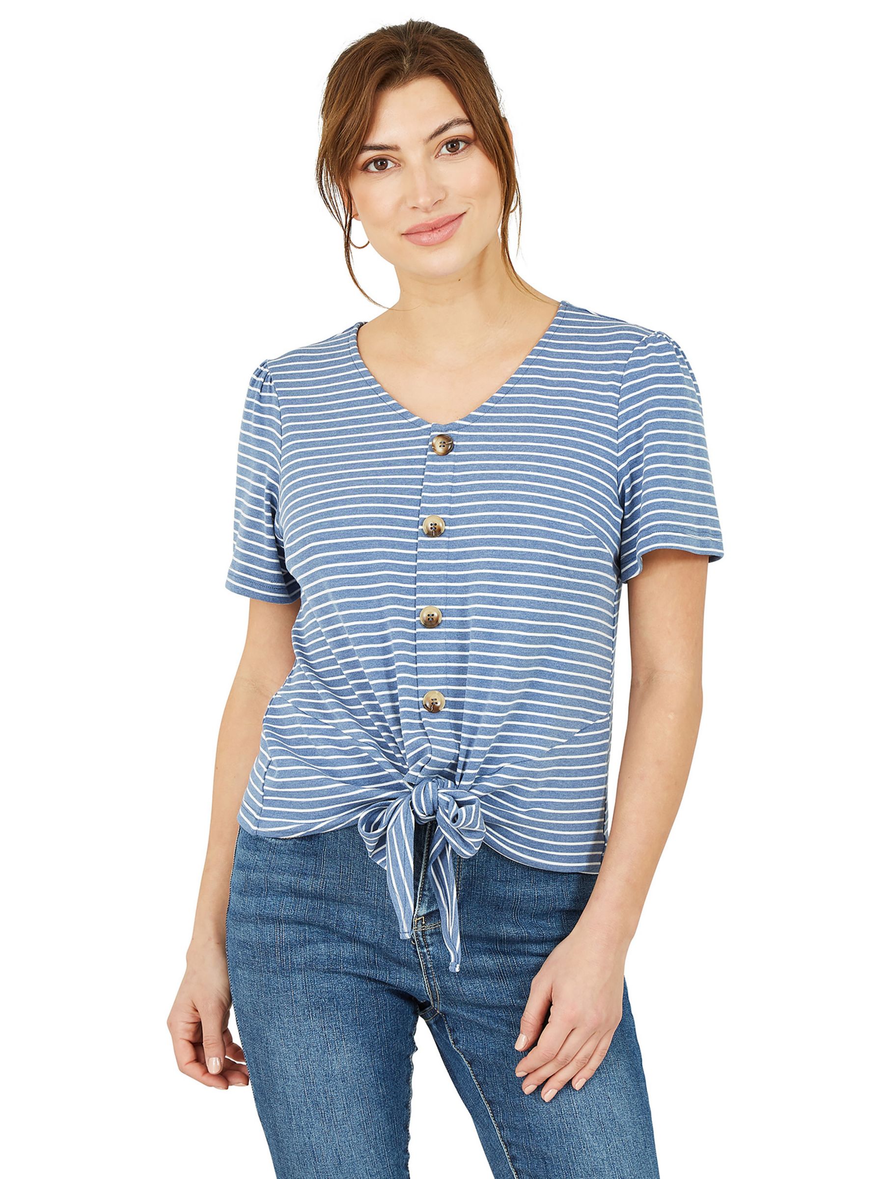 Yumi Striped Jersey Button Detail T-Shirt, Blue at John Lewis & Partners