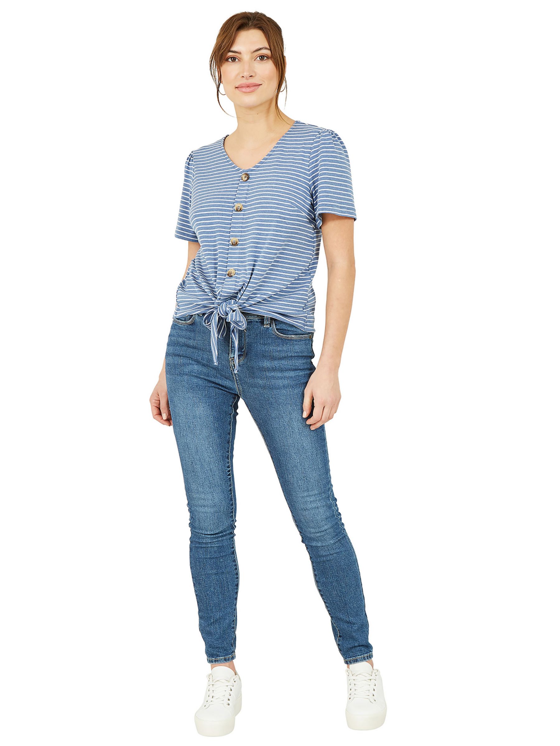 Yumi Striped Jersey Button Detail T-Shirt, Blue at John Lewis & Partners