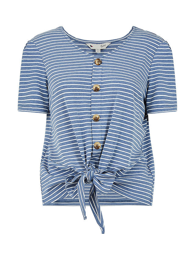 Yumi Striped Jersey Button Detail T-Shirt, Blue
