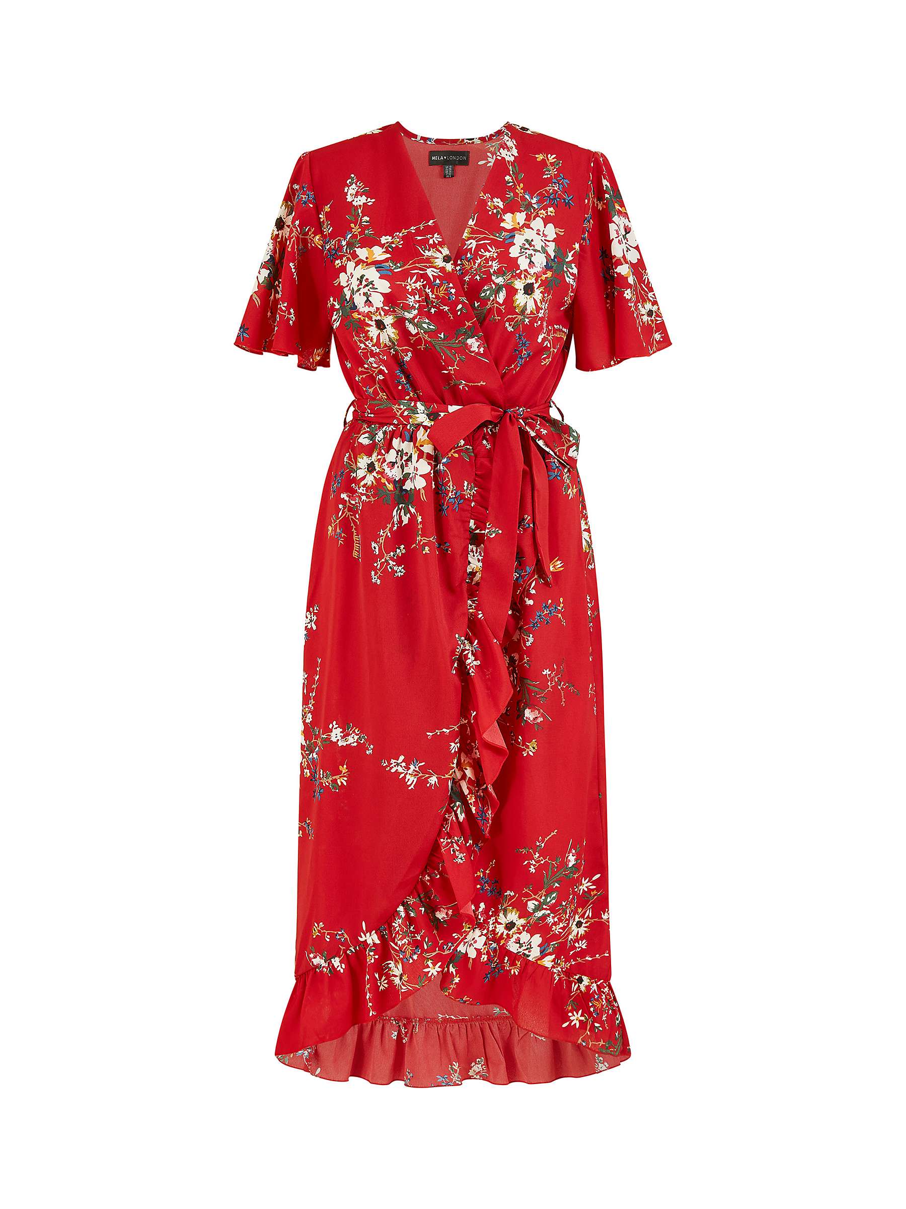 Mela London Floral Print Dip Hem Wrap Midi Dress, Red at John Lewis ...