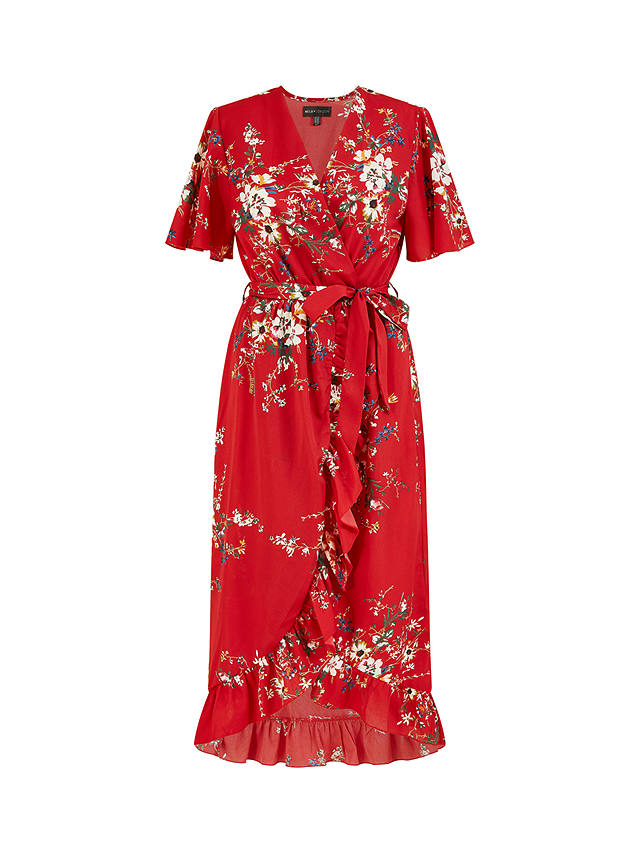 Mela London Floral Print Dip Hem Wrap Midi Dress, Red
