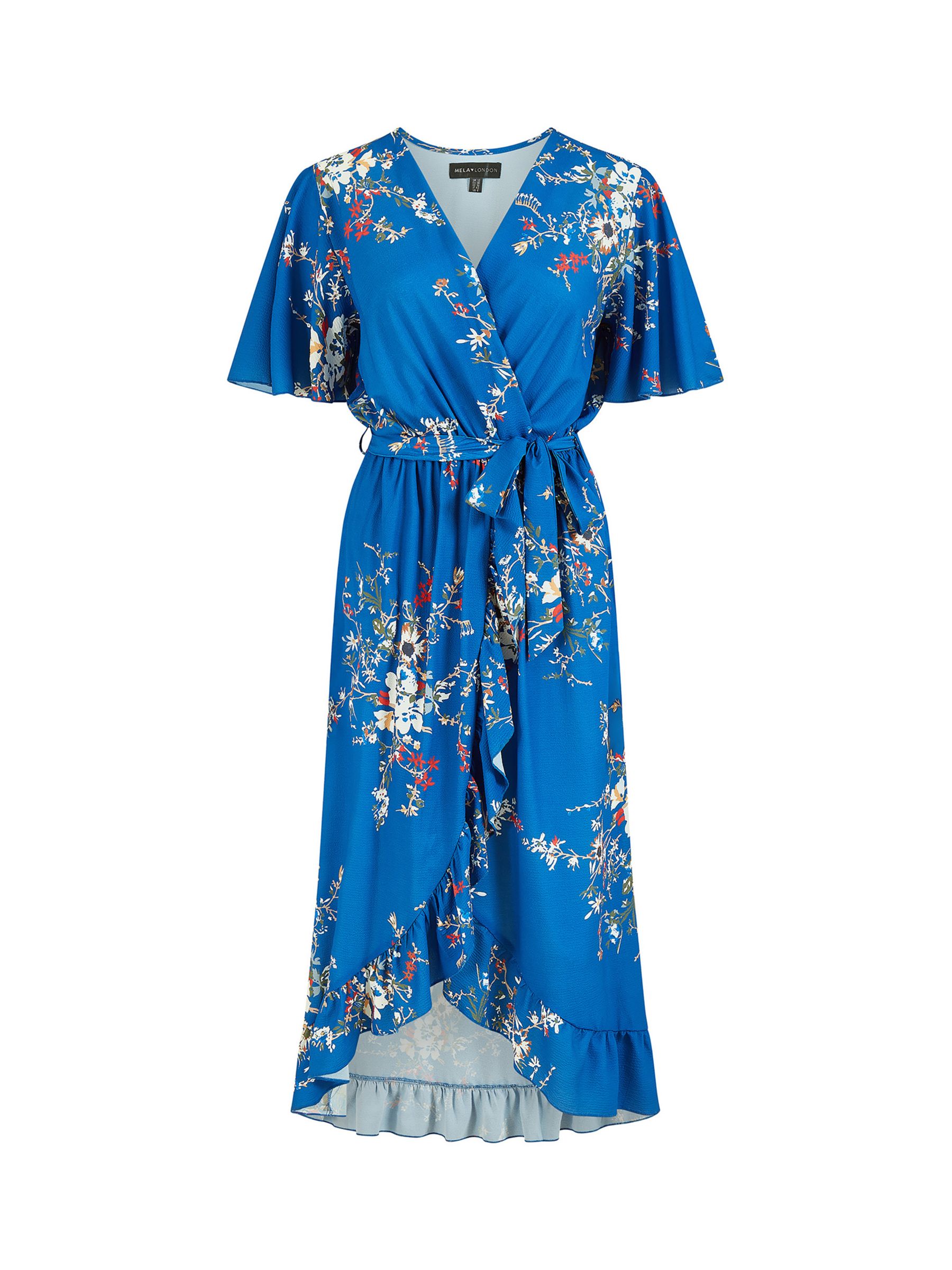 Mela London Floral Dip Hem Wrap Midi Dress, Blue, 8