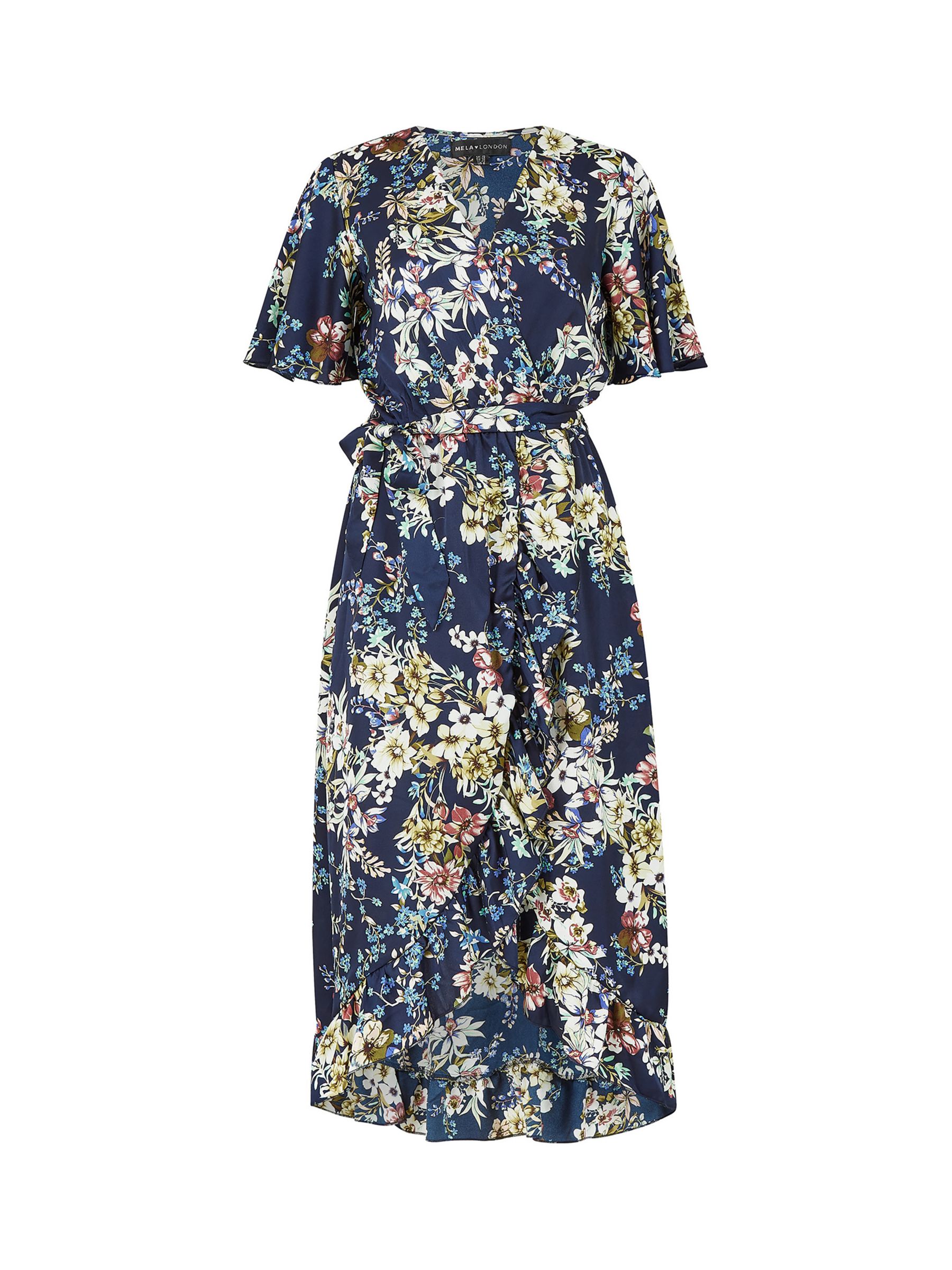 Mela London Floral Print Satin Wrap Dress, Navy at John Lewis & Partners