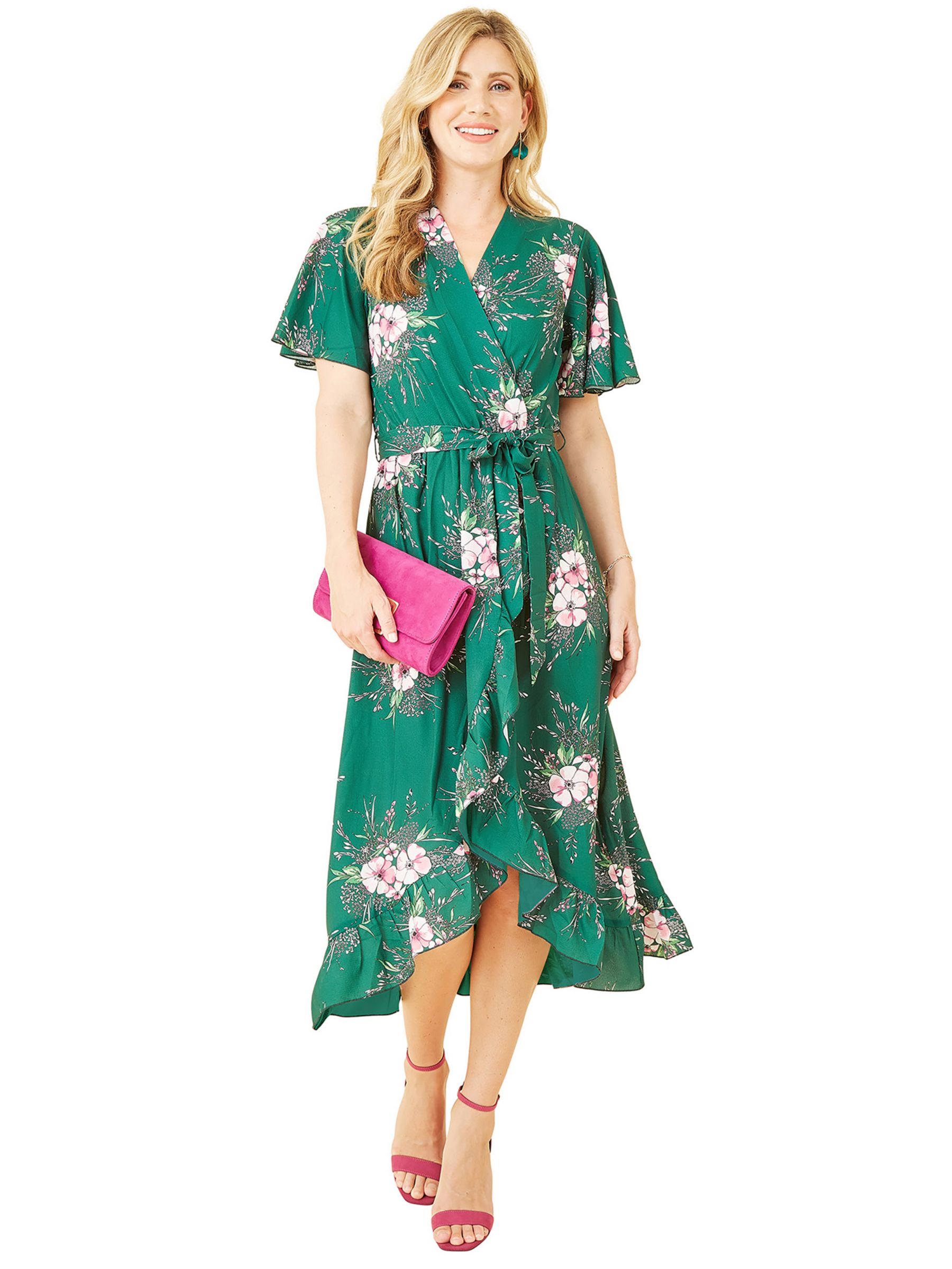 Mela London Floral Dip Hem Wrap Midi Dress, Green, 12