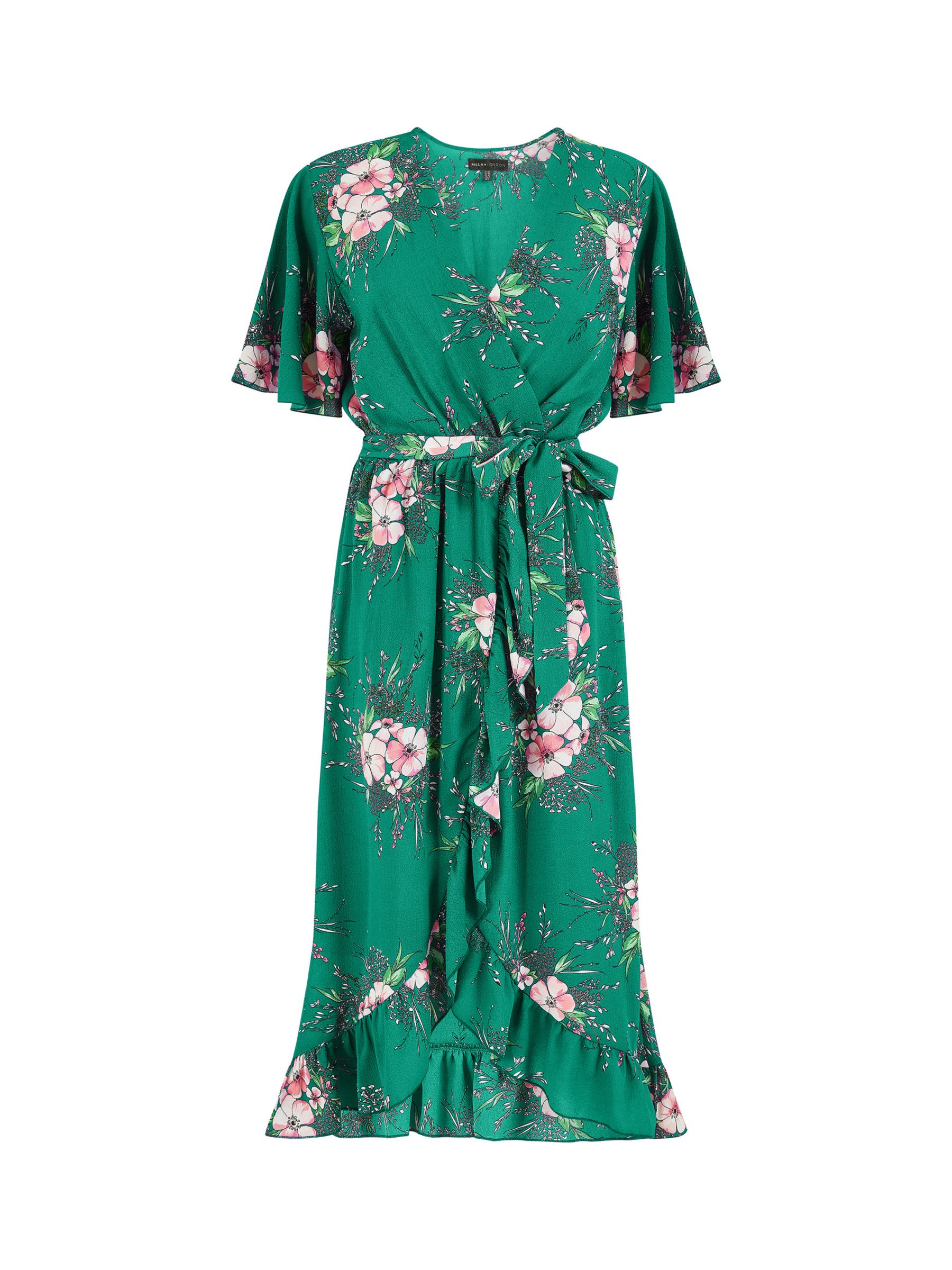 Mela London Floral Dip Hem Wrap Midi Dress, Green, 12