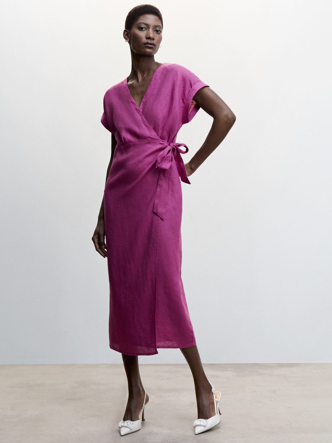 Mango Linen Wrap Midi Dress, Purple