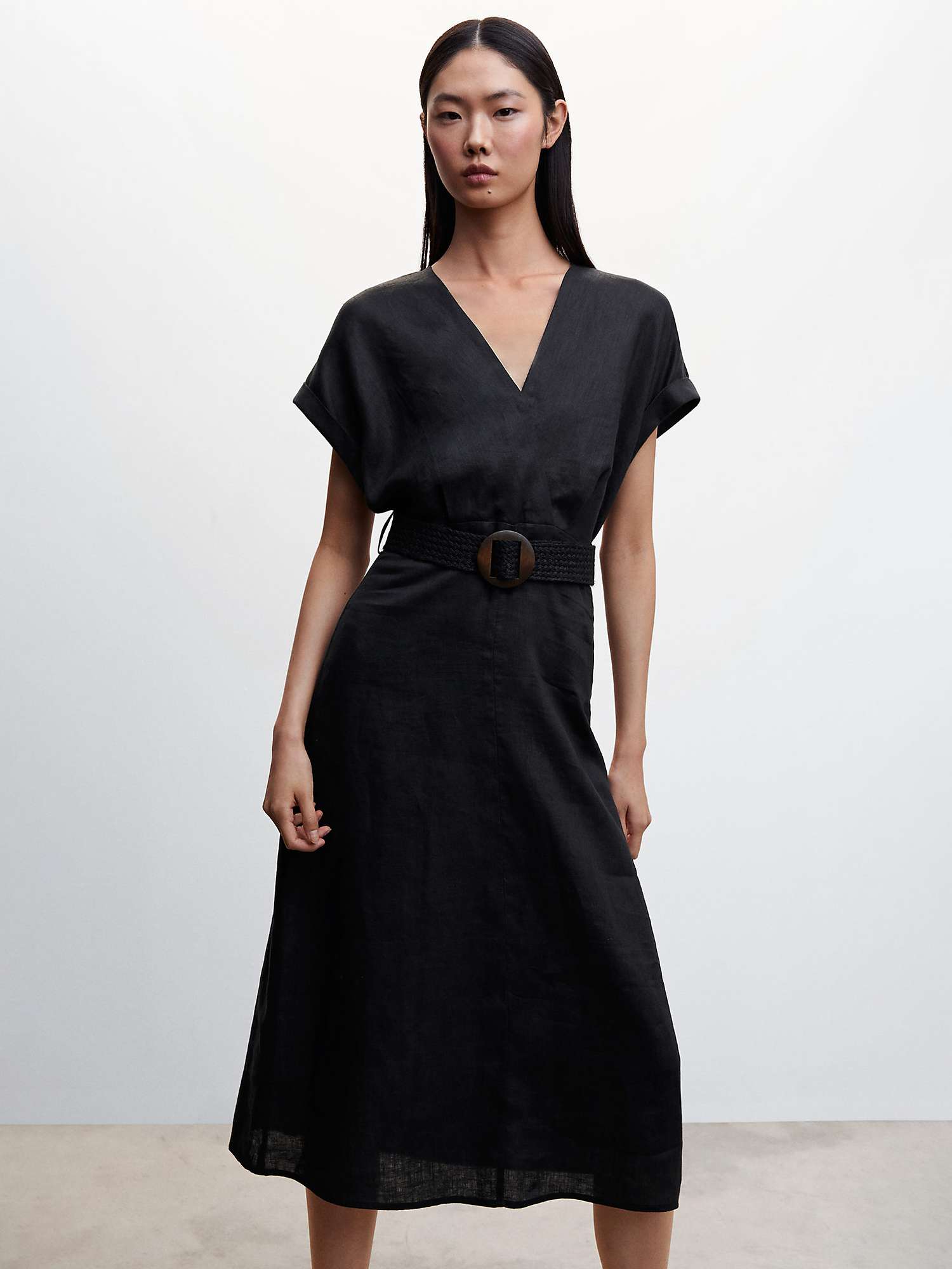 Mango Linen Midi Dress, Black at John Lewis & Partners