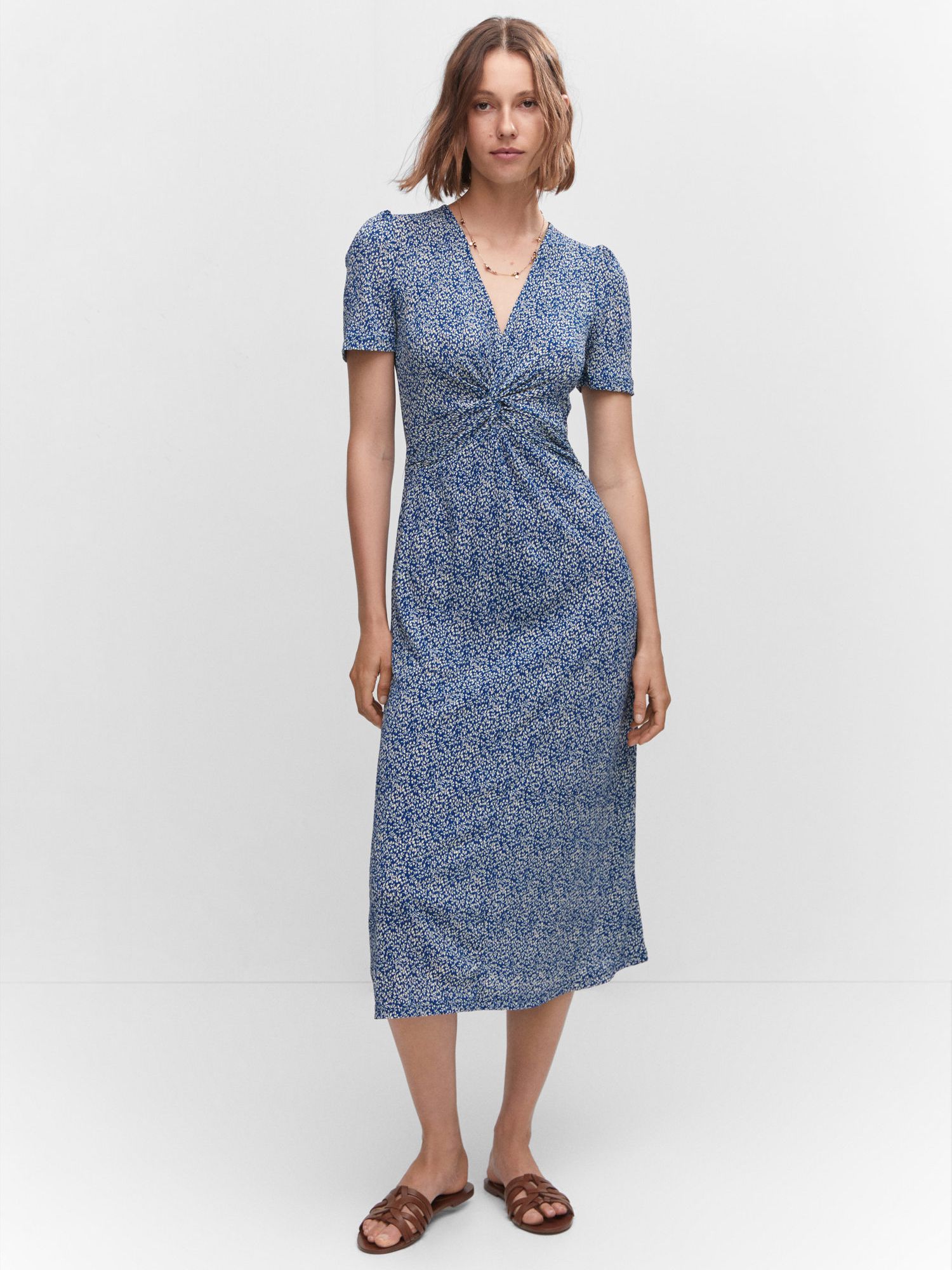 Mango Poma Textured Printed Midi Dress, Blue at John Lewis & Partners