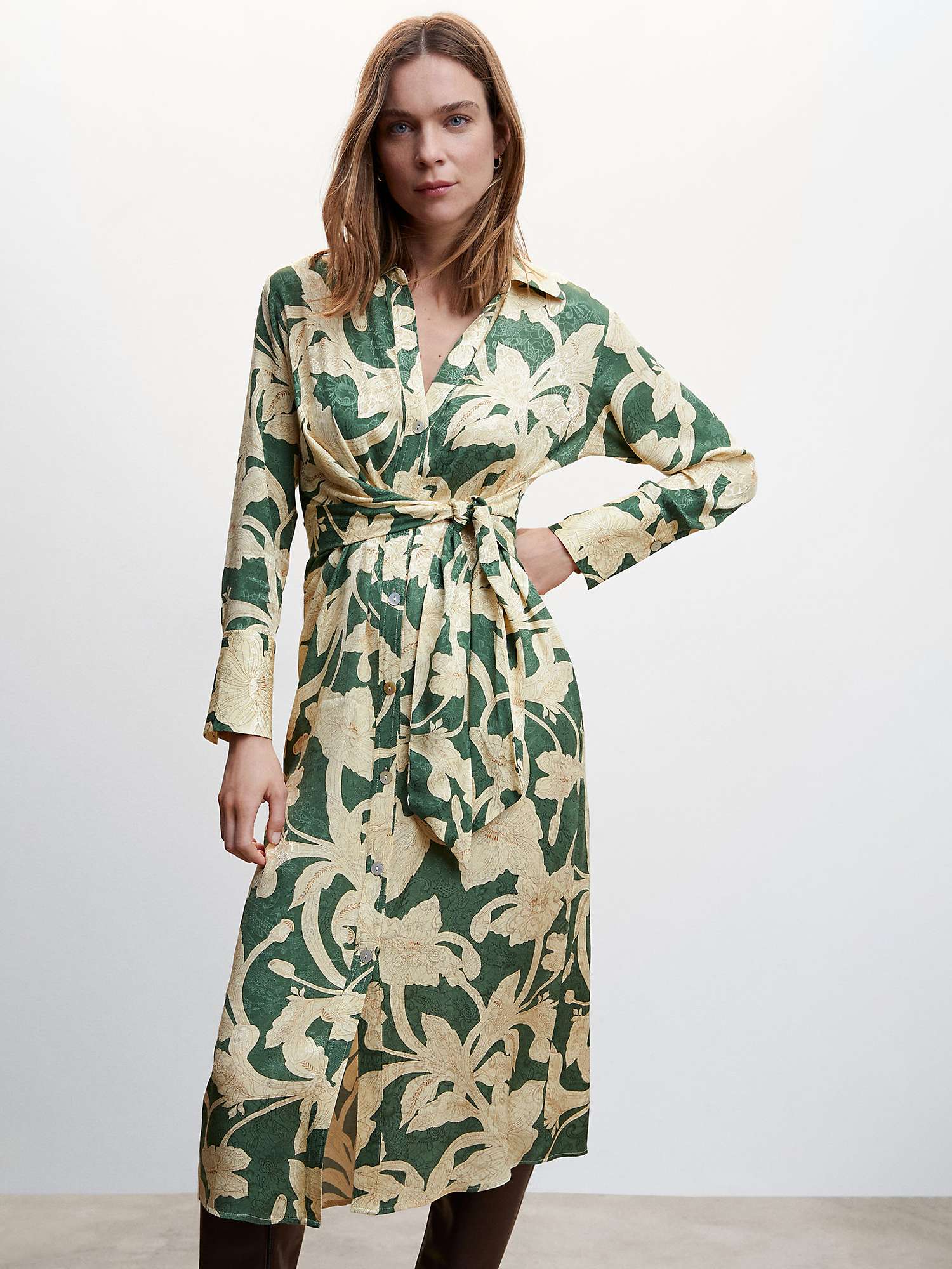 Mango Curve Floral Jacquard Midi Shirt Dress, Green at John Lewis ...