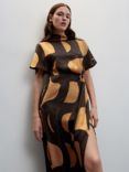 Mango Lily Abstract Print Satin Midi Dress, Dark Brown