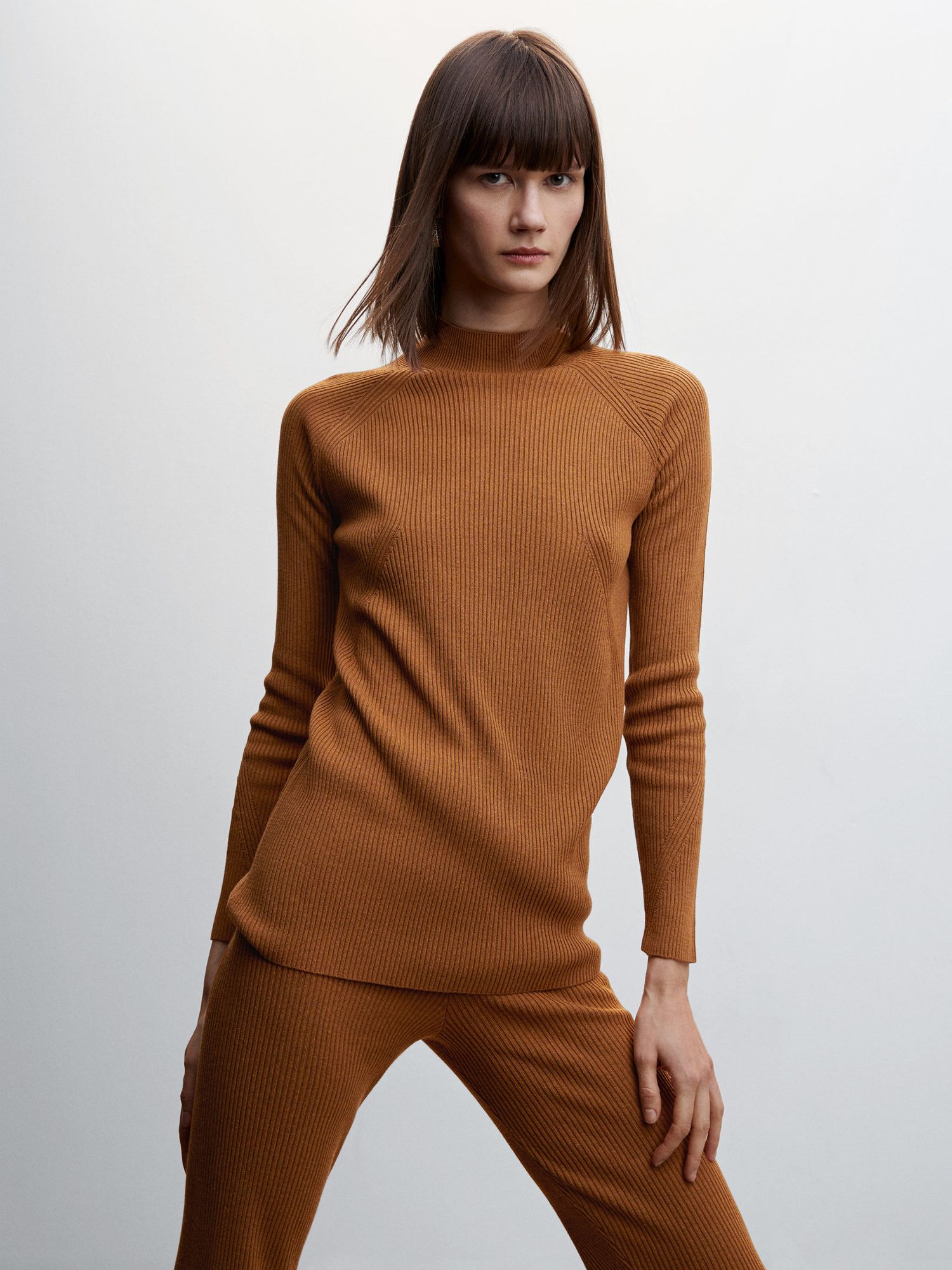 Mango Layers Ribbed Knit High Neck Sweater, Tobacco Brown