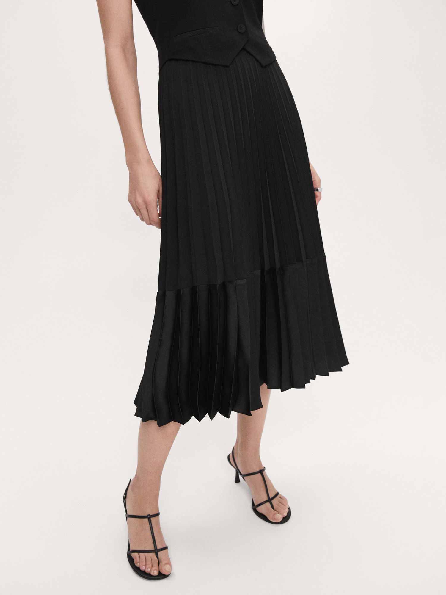 Mango Soleil Satin Pleated Midi Skirt, Black