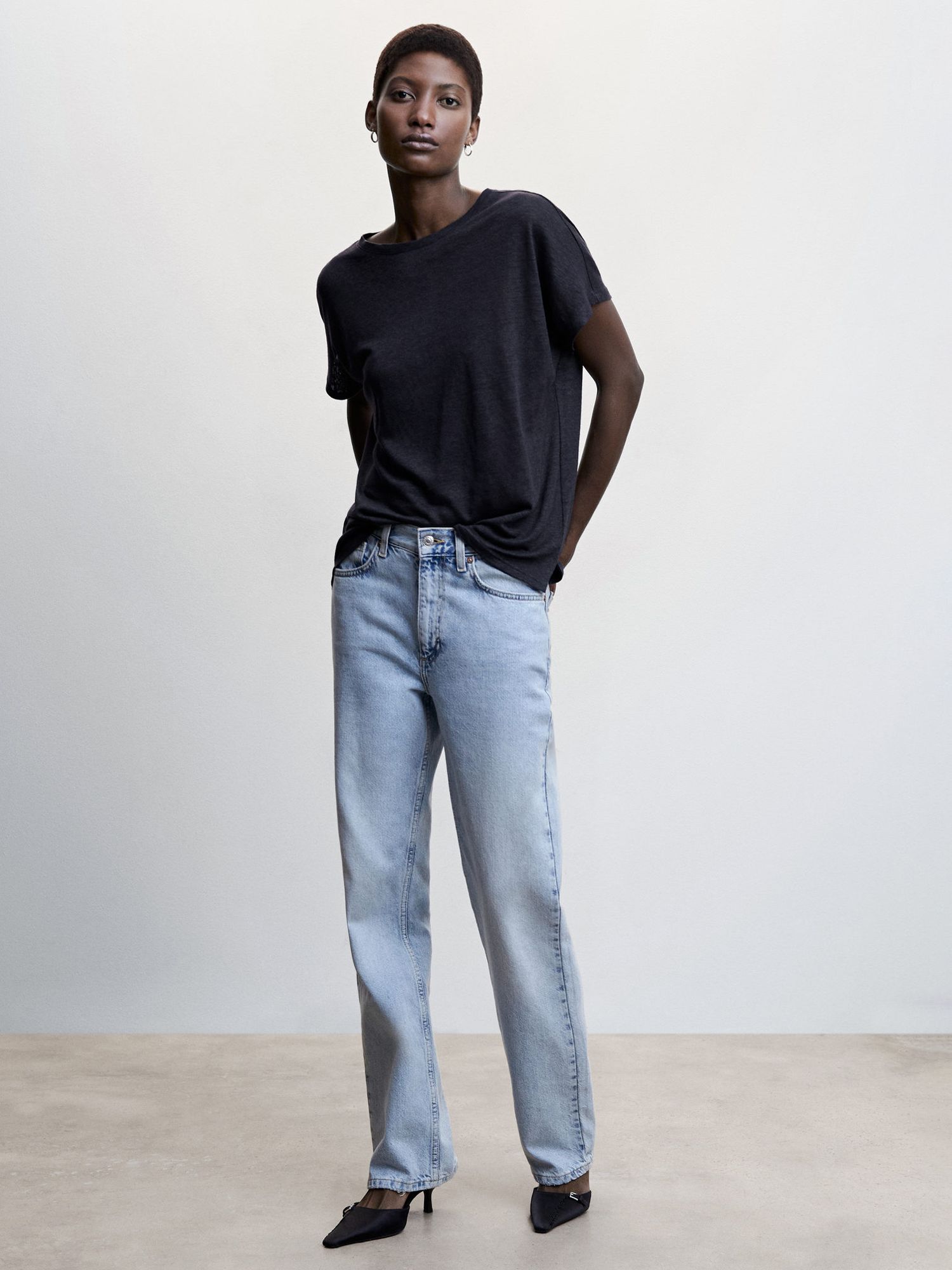 Mango Lint Linen T-Shirt, Navy at John Lewis & Partners