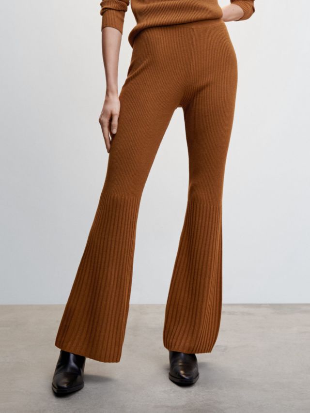 Mango Layers Fine Rib Knit Flared Trousers, Medium Brown, XXS