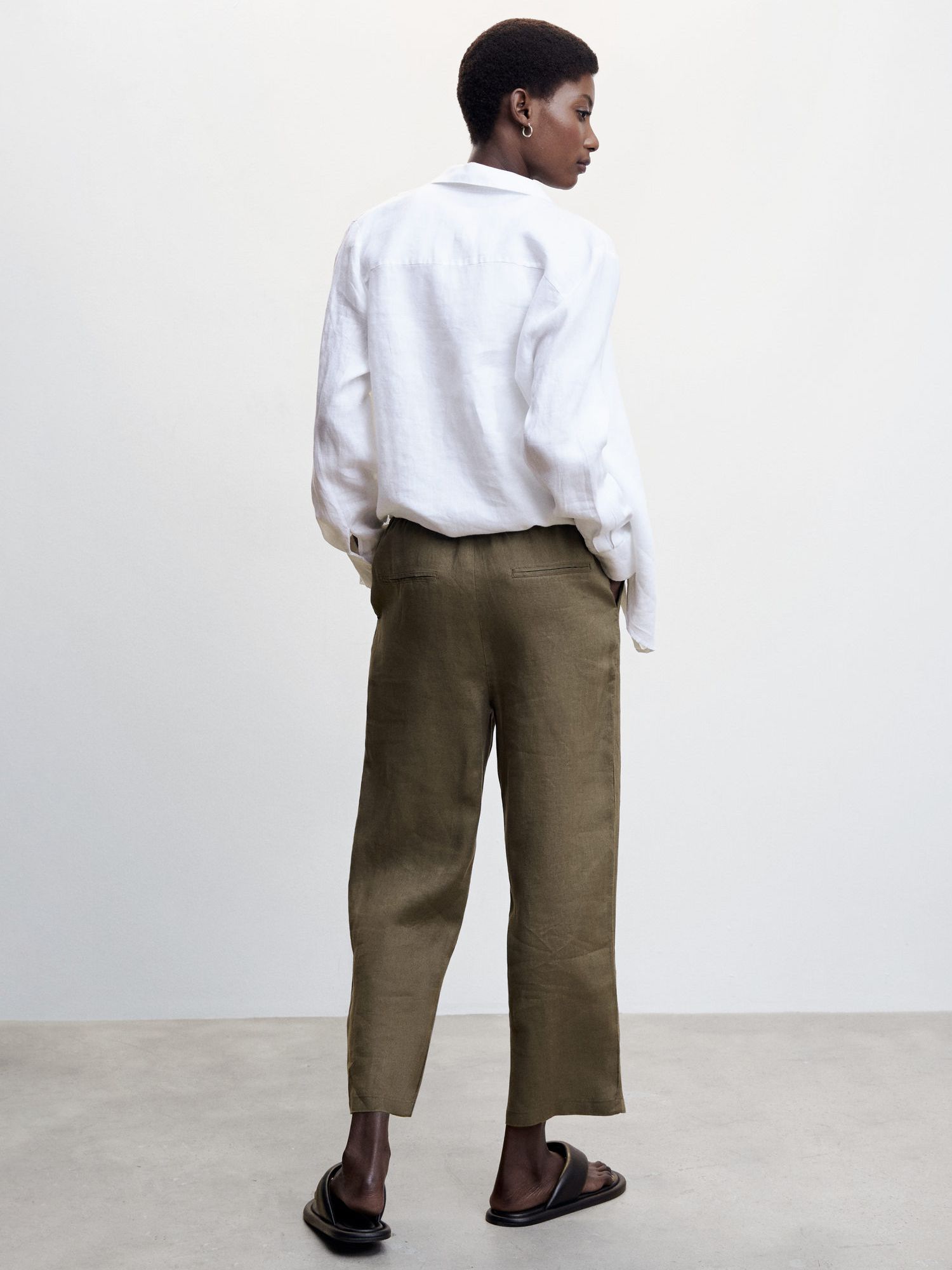 Mango Drawstring Waist Linen Trousers, Khaki at John Lewis & Partners