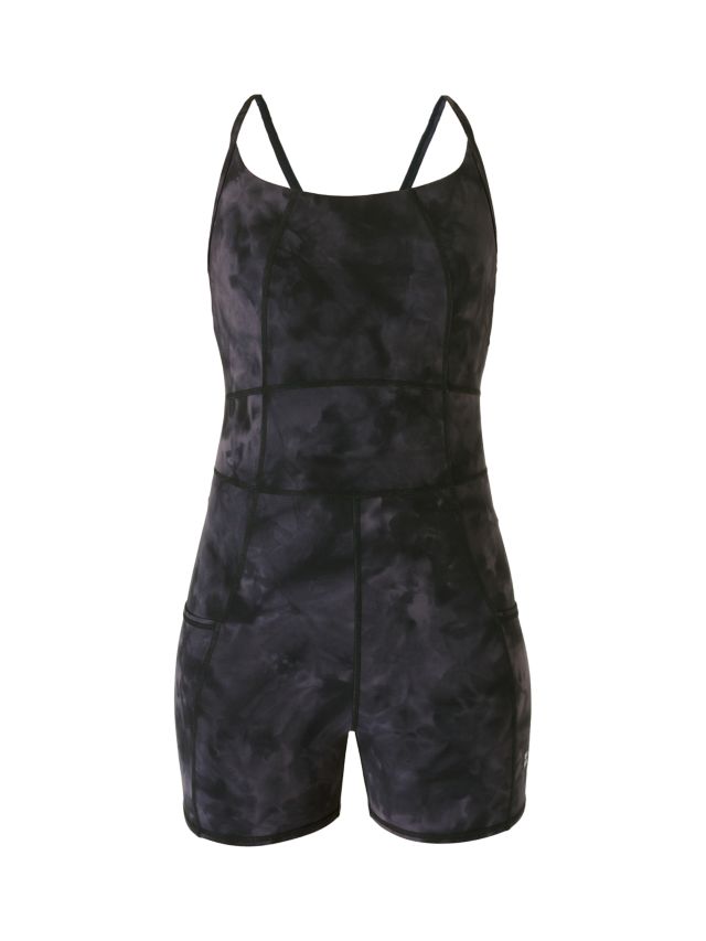 Sweaty Betty Super Soft Short Bodysuit, Black Spray Dye Print, XXS