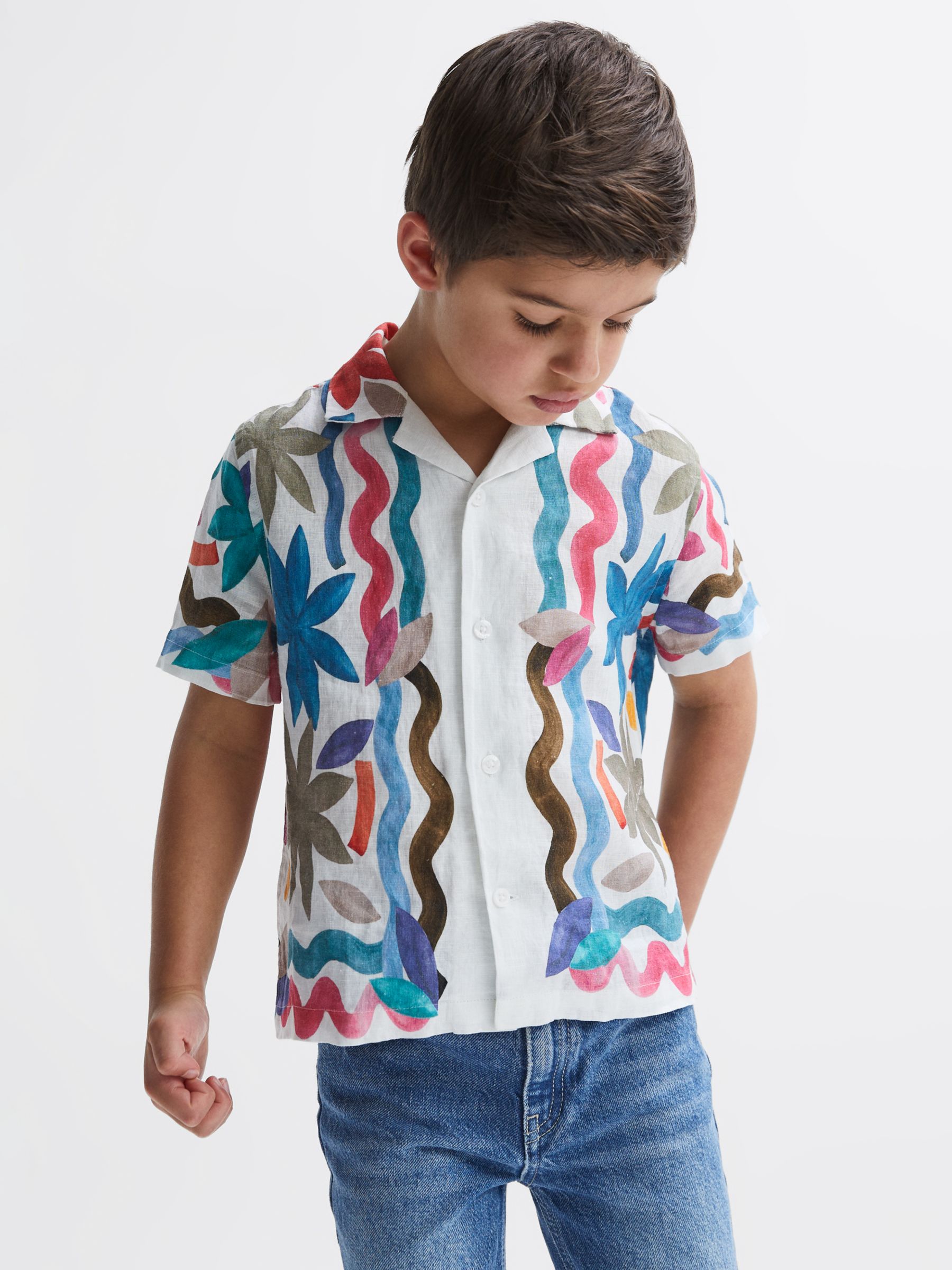 Reiss Kids' Delphi Linen Short Sleeve Cuban Collar Shirt, Multi