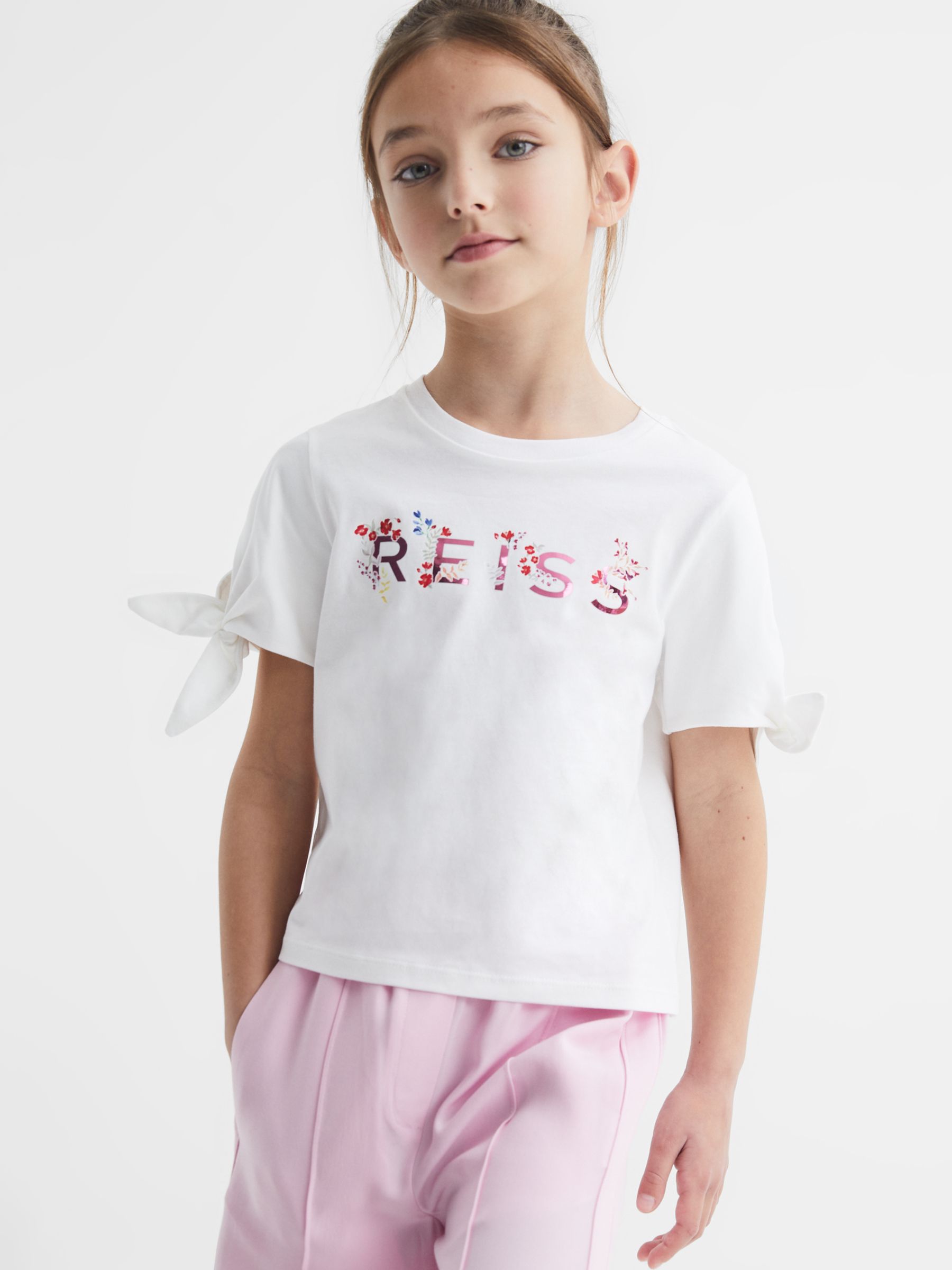 Reiss Kids' Tally Cotton Embroidered Floral Logo Top, White/Pink at ...