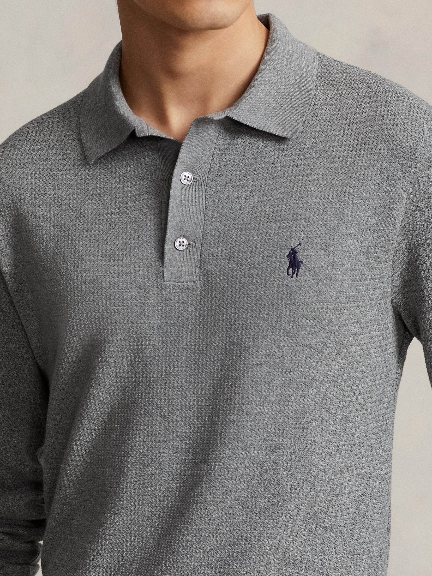 Polo Ralph Lauren Long Sleeved Knitted Polo Shirt, Fawn Grey Heather at ...