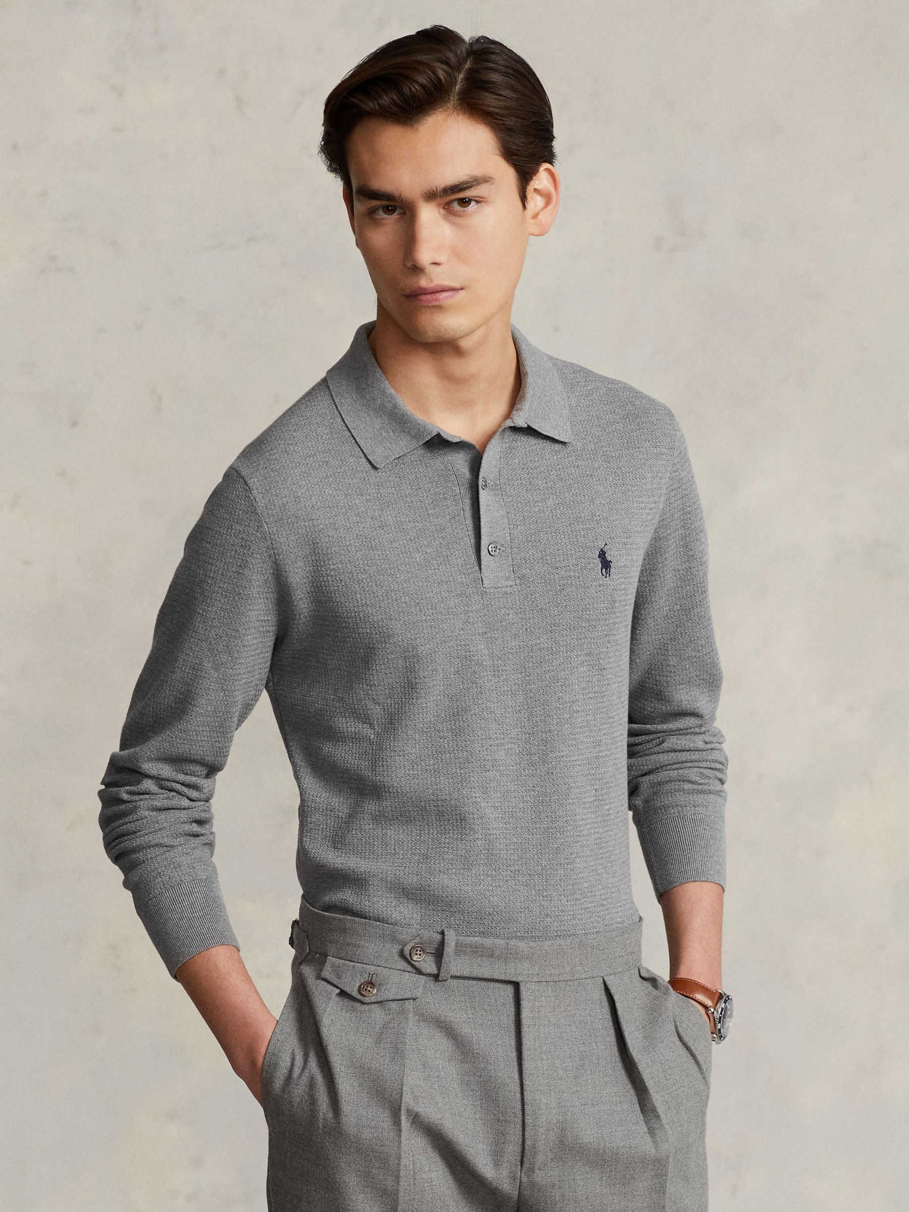 Polo Ralph Lauren Long Sleeved Knitted Polo Shirt, Fawn Grey Heather
