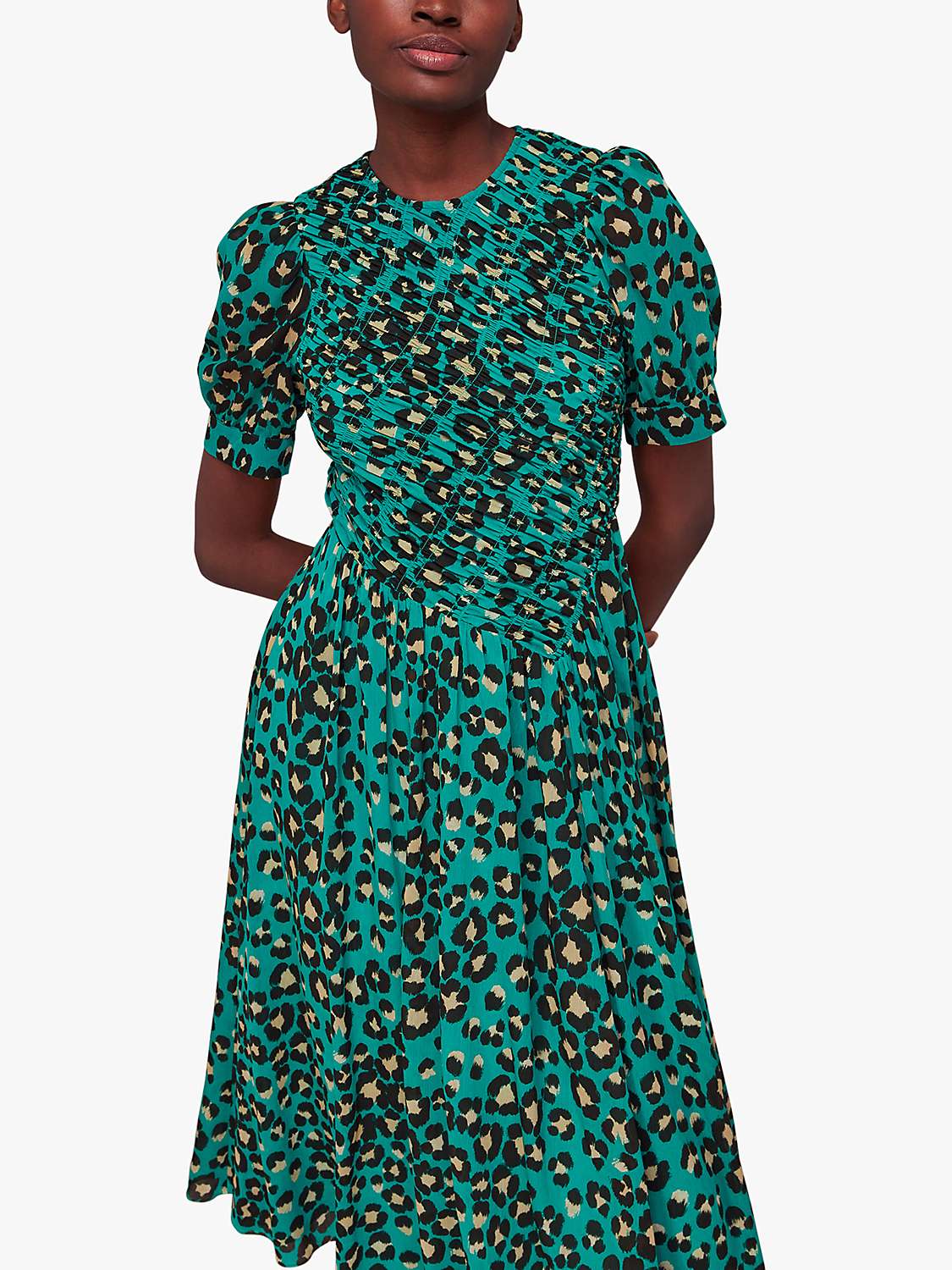 Buy Whistles Painted Leopard Print Shirred Midi Dress, Green/Multi Online at johnlewis.com