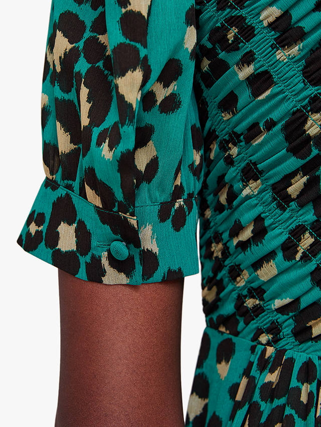 Whistles Painted Leopard Print Shirred Midi Dress, Green/Multi