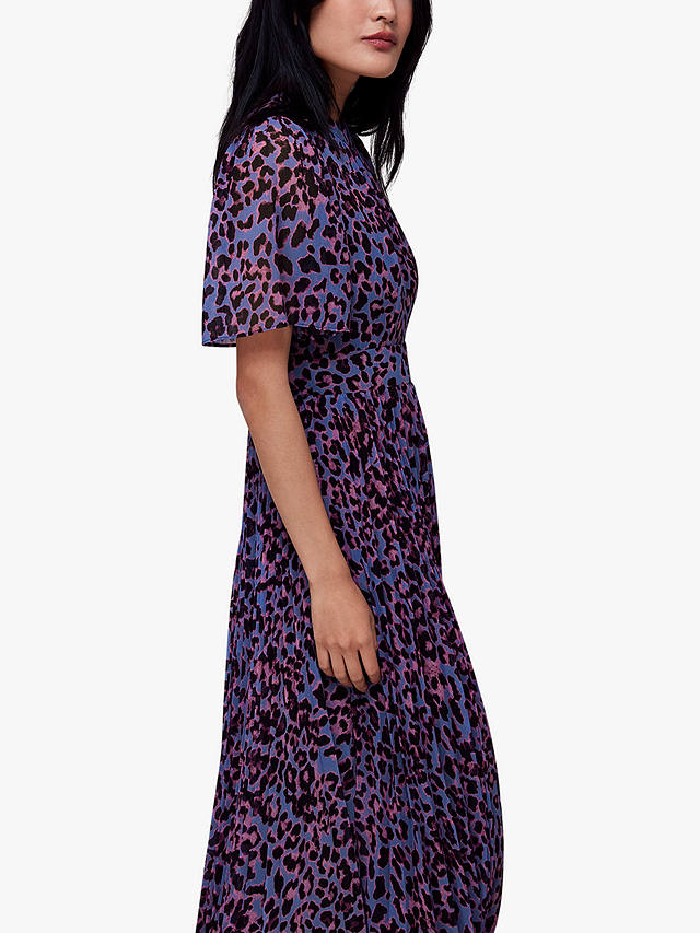 Whistles Animal Cheetah Pleat Midi Dress, Purple/Multi