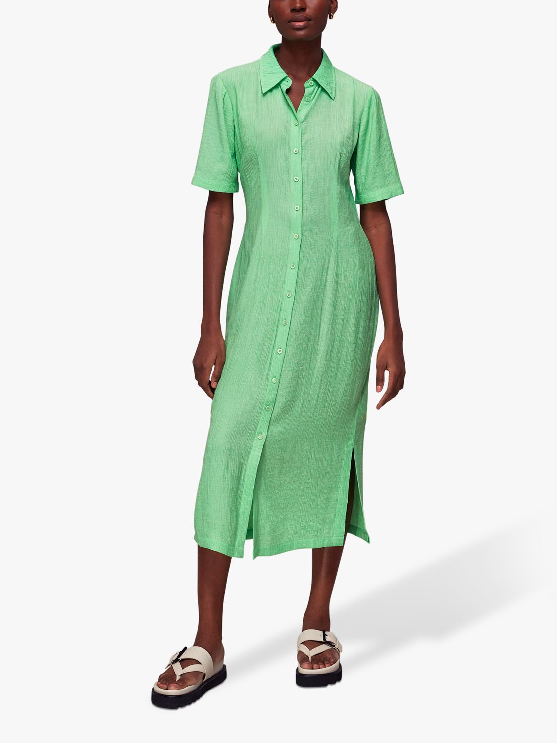 Whistles Millie Midi Plisse Shirt Dress, Lime at John Lewis & Partners